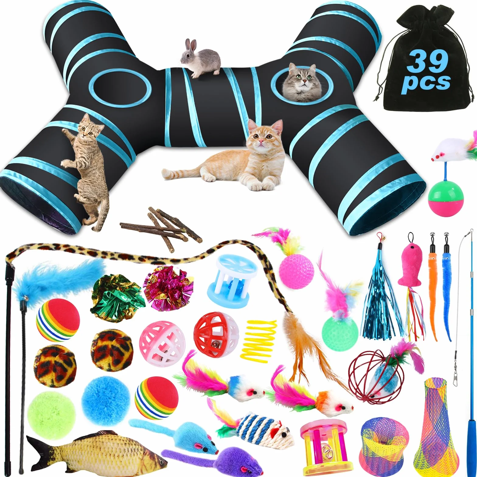 Set de 39 Piezas para Gatos con Túnel, Palo Divertido, Ratones, Hierba Gatera, Bolas, Campanas, Tumbler y Peces