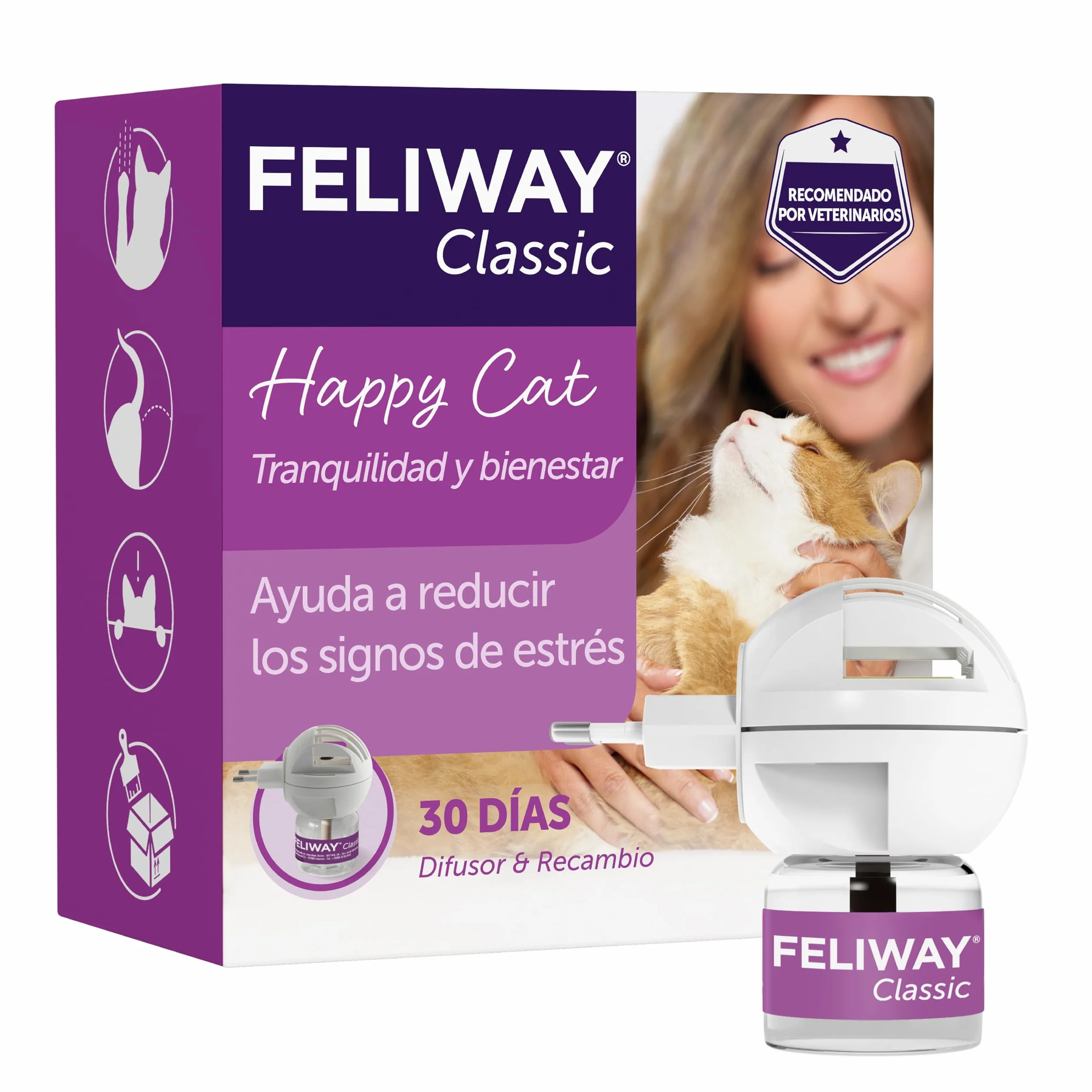 FELIWAY Classic - Difusor + Recambio de feromonas calmantes para gatos (30 días, 48 ​​ml) - Ayuda a reducir los signos más comunes de estrés. Recomendado por veterinarios. Tranquilidad y bienestar.