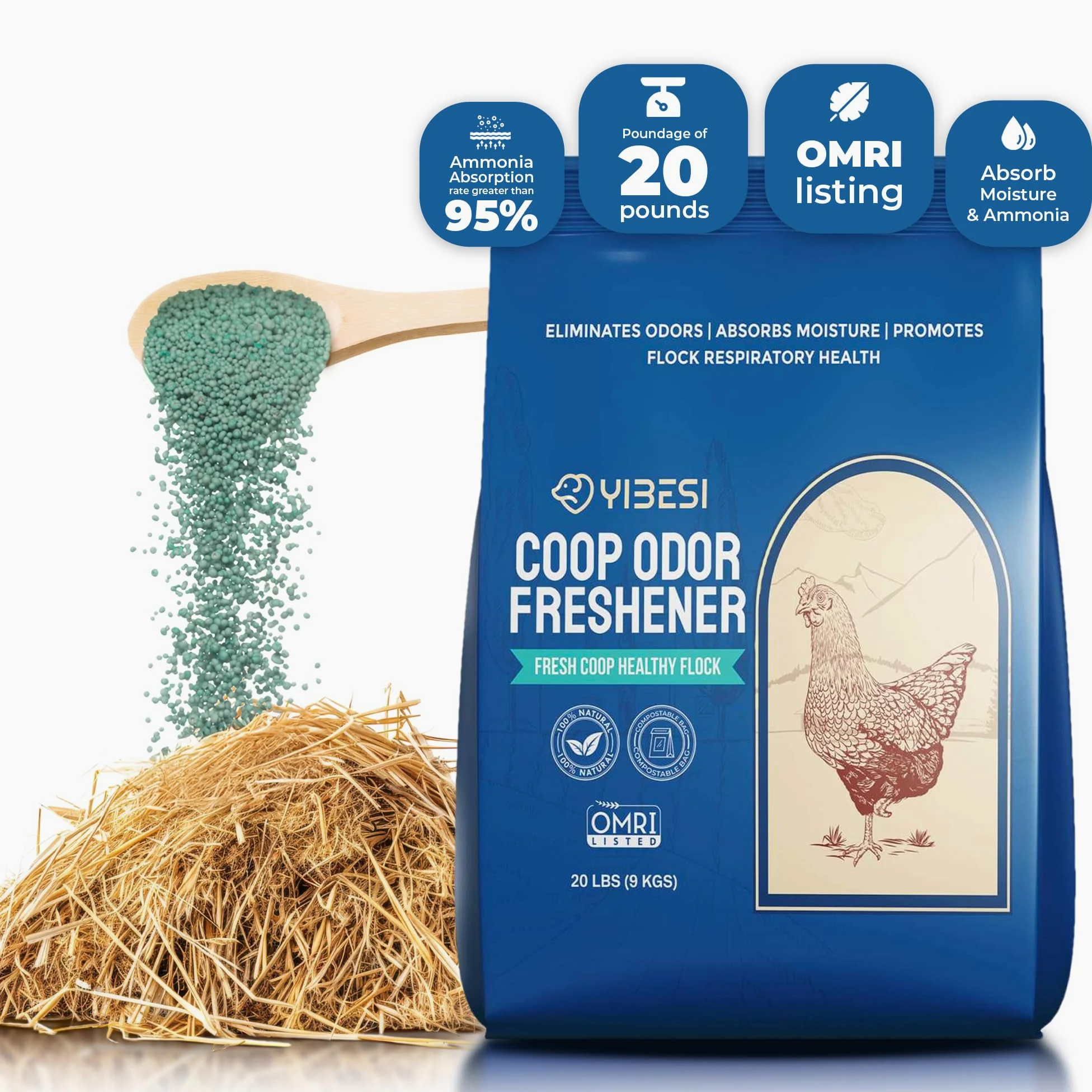 Desodorante de gallinero de 20 libras, removedor de olores de zeolita y absorbente de humedad, refrescante, control de olores de ropa de cama, limpiador de gallineros, accesorios eliminadores