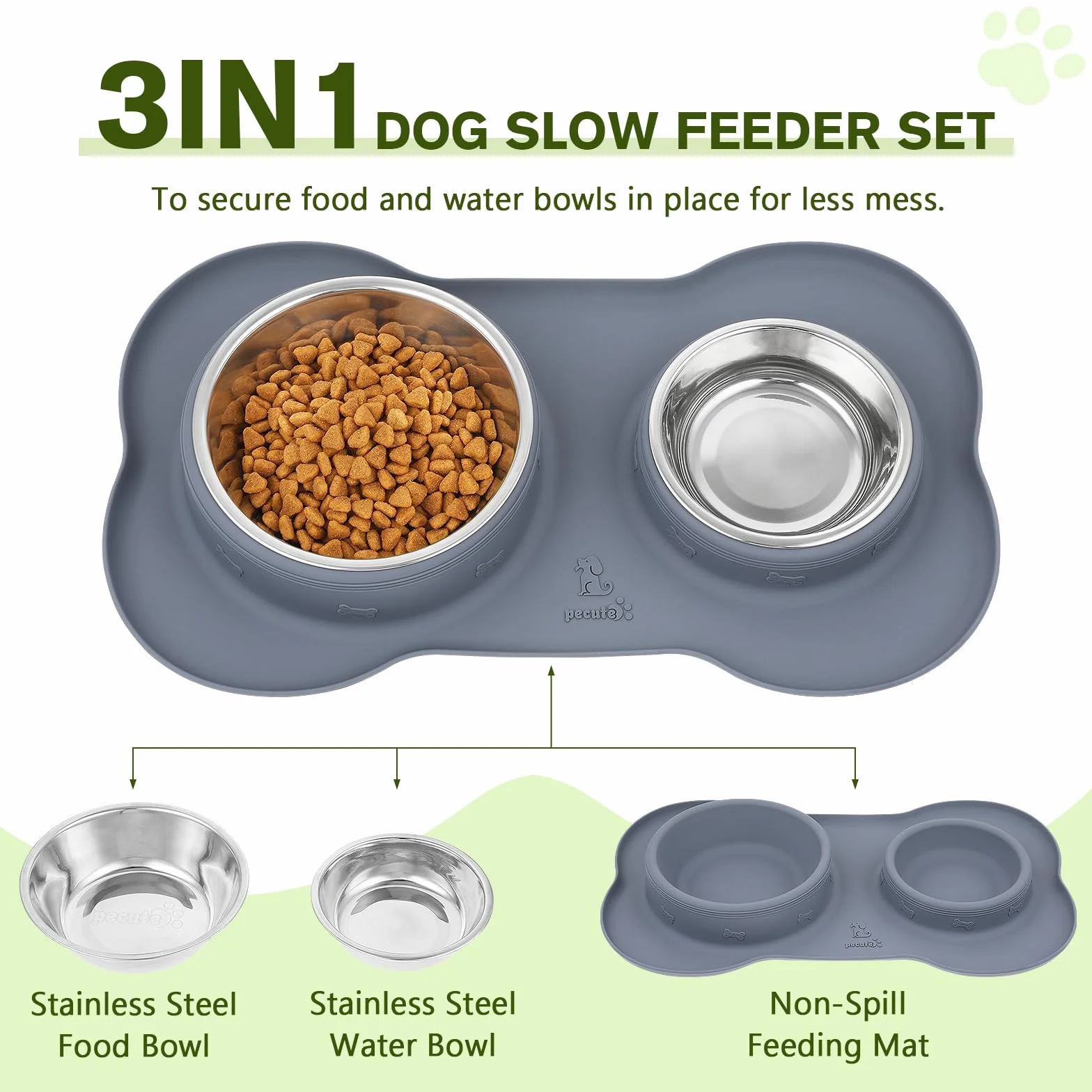 Pecute Comedero Perro y Gato, 3-in-1 Bebedero para Gatos Perros, Mascotas Pequeño de Acero Inoxidable Extraíble de Acero, Base de Silicona Antideslizante (400ml/13.5oz + 200ml/6.8oz)