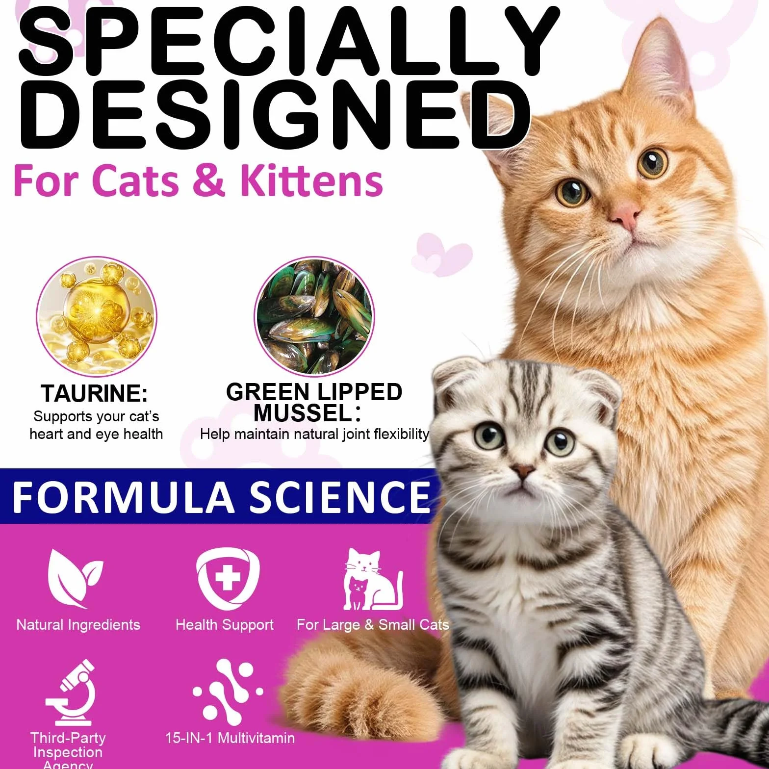 Vitaminas Esenciales Diarias para Gatos - Snacks Masticables Multivitamínicos 15 en 1 con Taurina, Ácidos Grasos Omega, Prebióticos y Mejillón de Labio Verde para Apoyo Inmunológico, Digestivo y Artic