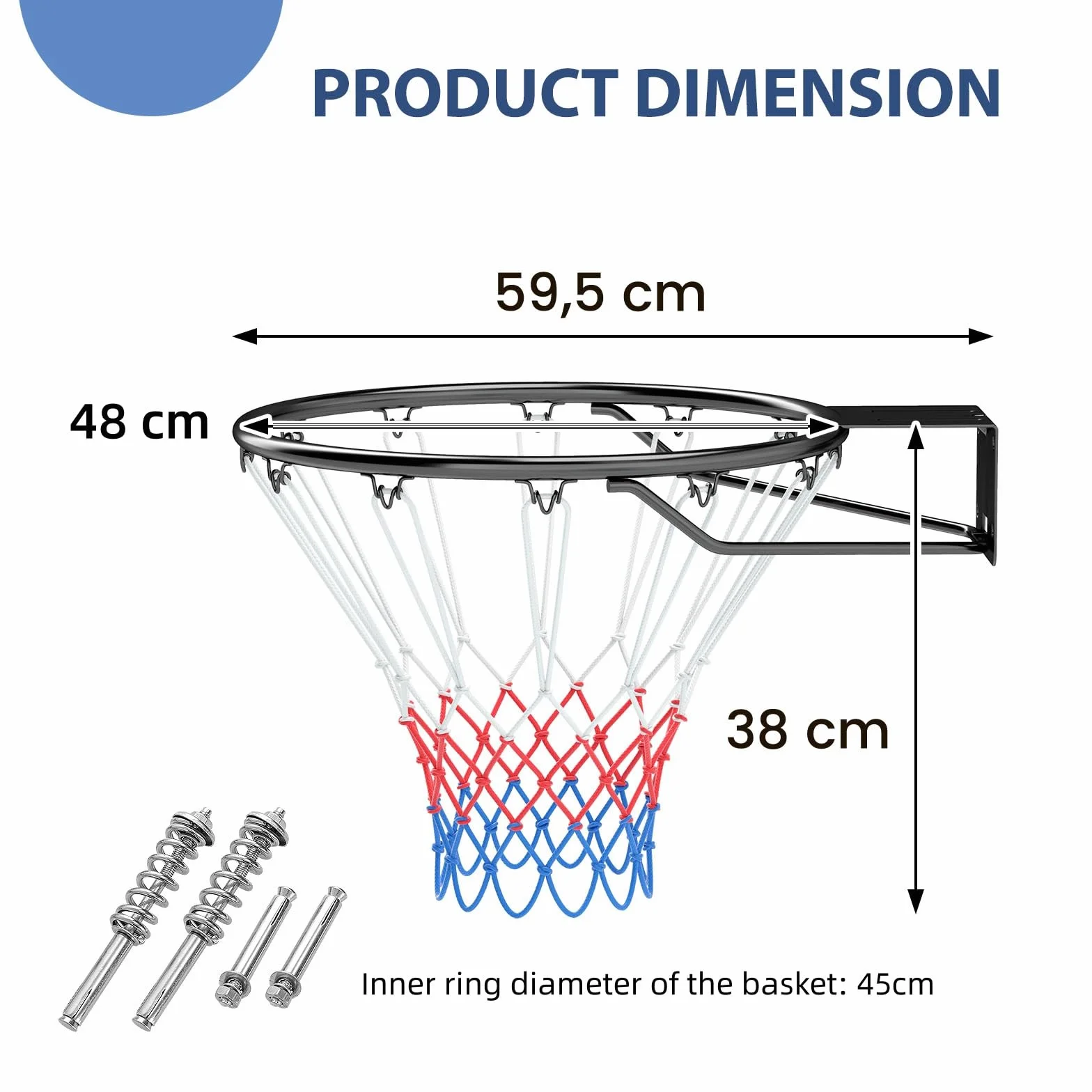 Canasta de Baloncesto de Pared Ø45 cm, Aro Macizo con Soporte y Red, Metal para Interior y Exterior