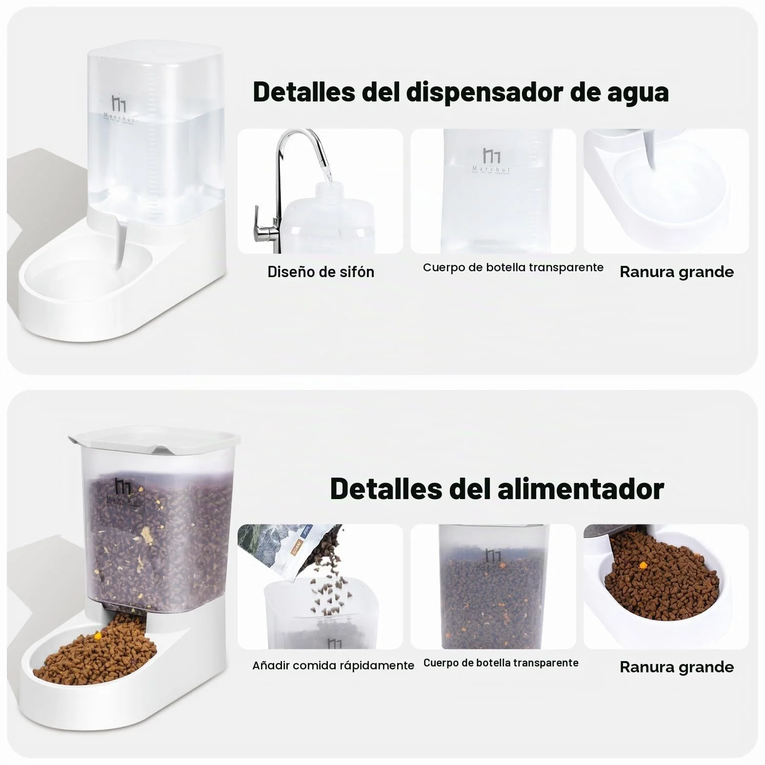 Marchul Dispensador para Gatos y Perros, Comida y Agua, Pack 2 Unidades, Comederos Automáticos, 3.8 L c/u, Comedero, Alimentador y Bebedero para Mascotas (Alfombrilla de Silicona)