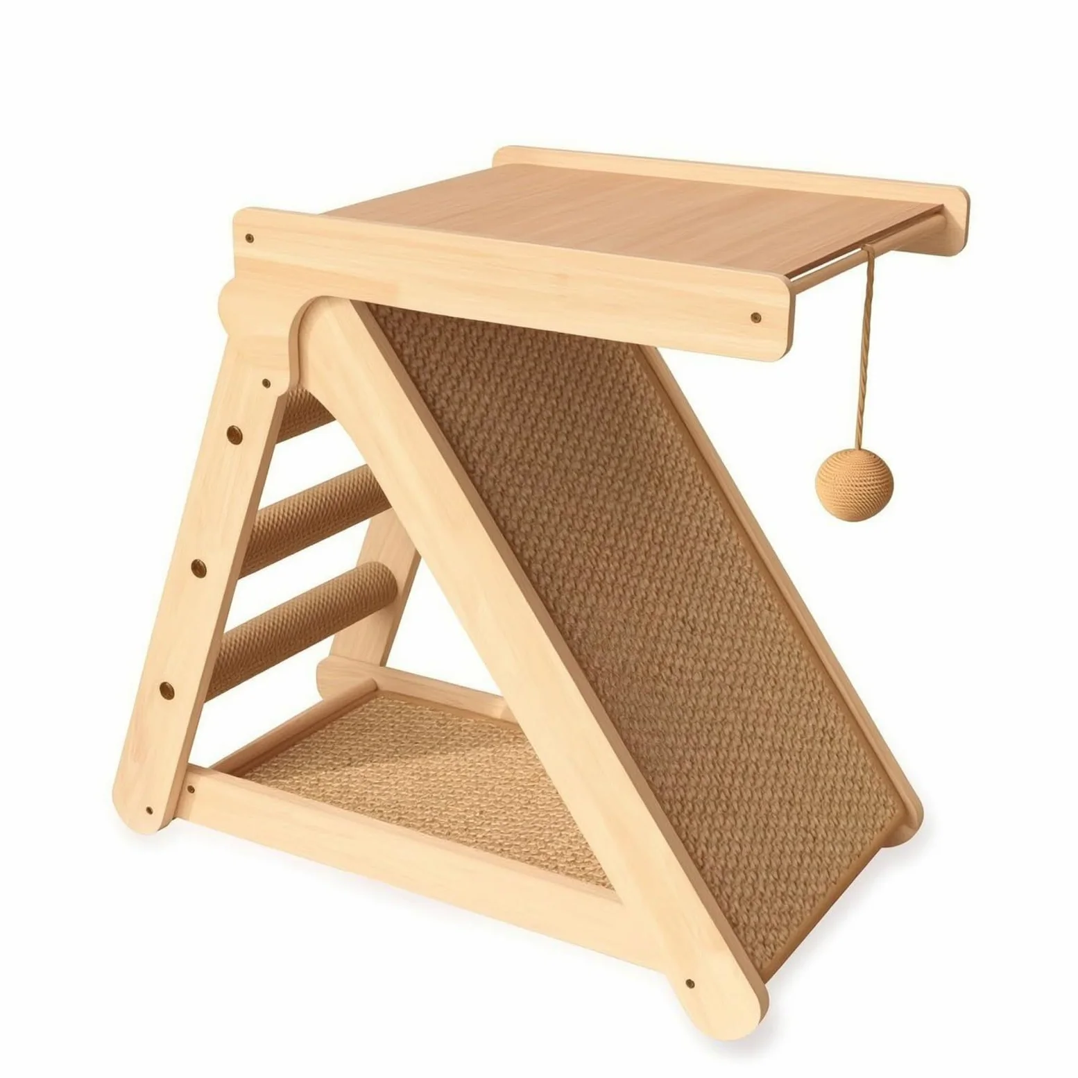 rockible Rascador con Rampa Sisal Seguro Escalador Vertical Mueble para s, 52cm X 60cm X 32cm, Rascador De Madera Maciza con Plataforma De Salto, 60cm X 32cm X 52cm