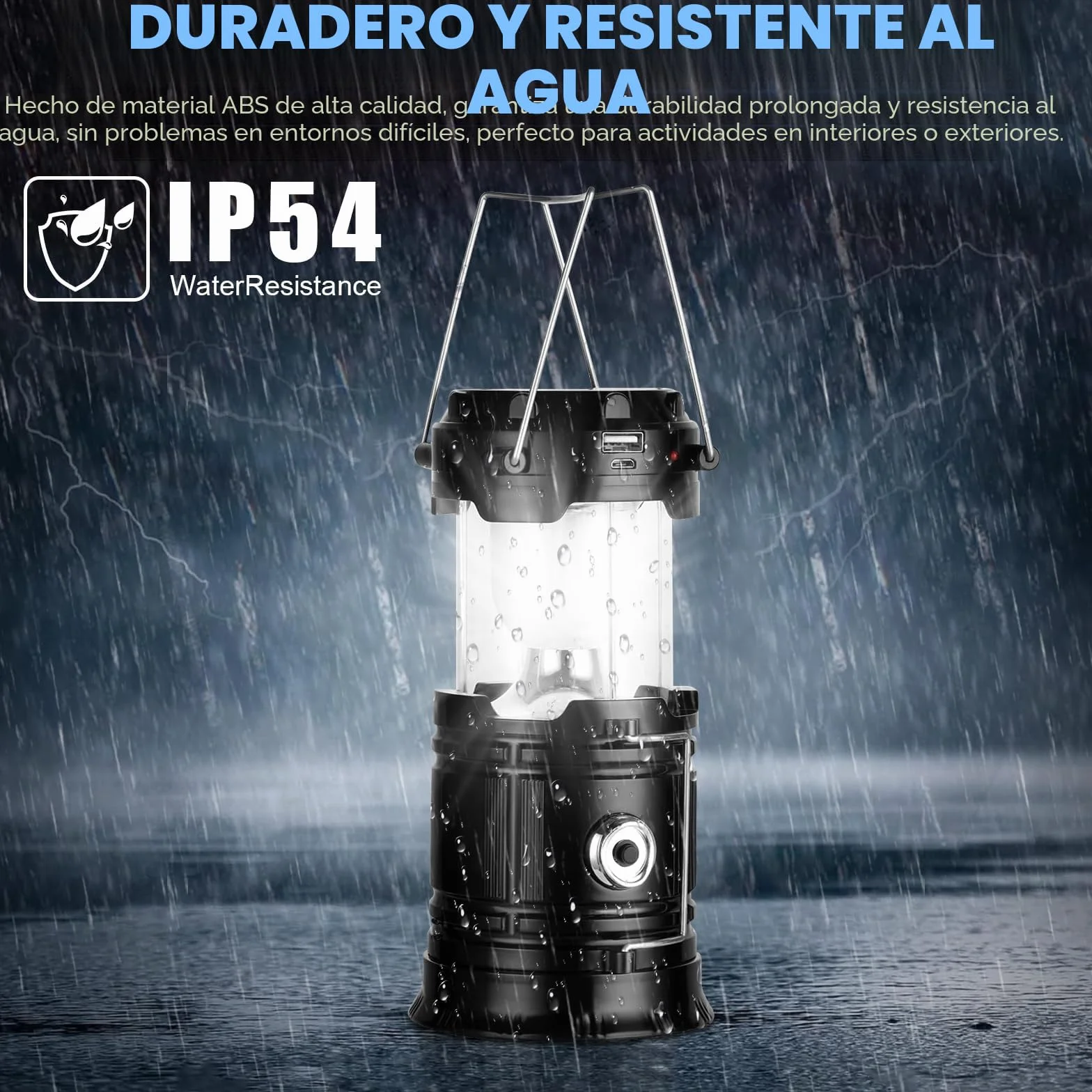 Linterna Camping Solar LED Plegable Impermeable con Gancho, Luz para Acampar, Negro