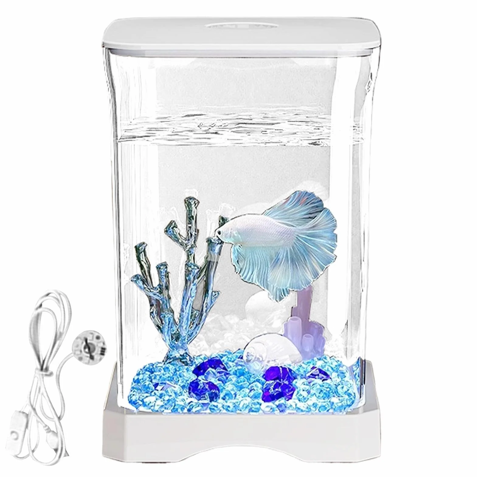 Acuario de Peces Betta, pecera Betta: pequeñas peceras acrílicas con iluminación LED, Cuenco Transparente para Paisaje acuático, Decoraciones de Escritorio para camarones, cangrejos, arañas