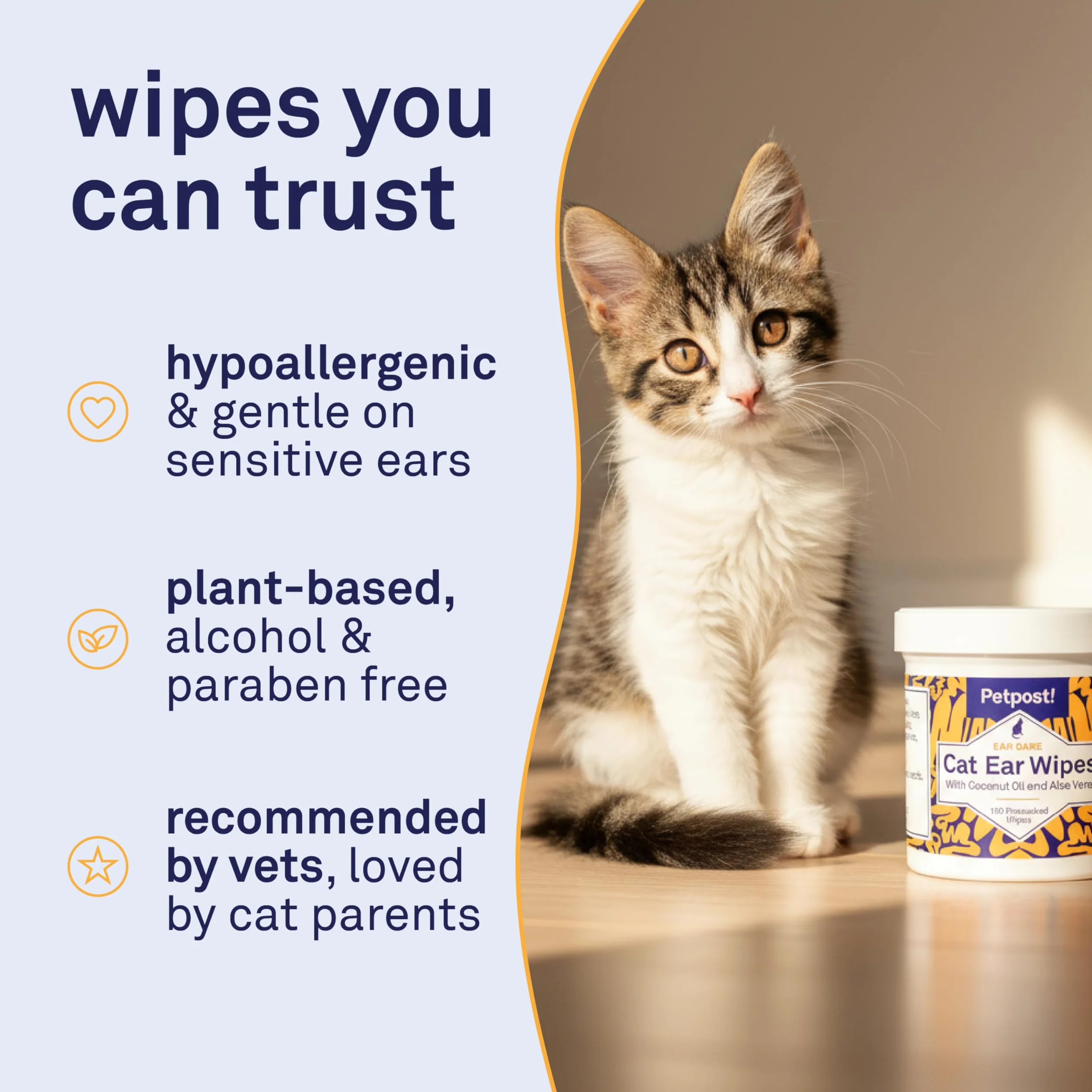 Petpost | Toallitas Limpiadoras de Oído para Gatos – 100 Almohadillas de Algodón Ultra Suave en Solución de Aceite de Coco – Tratamiento para Garrapatas de Oído de Gatos e Infecciones Auditivas