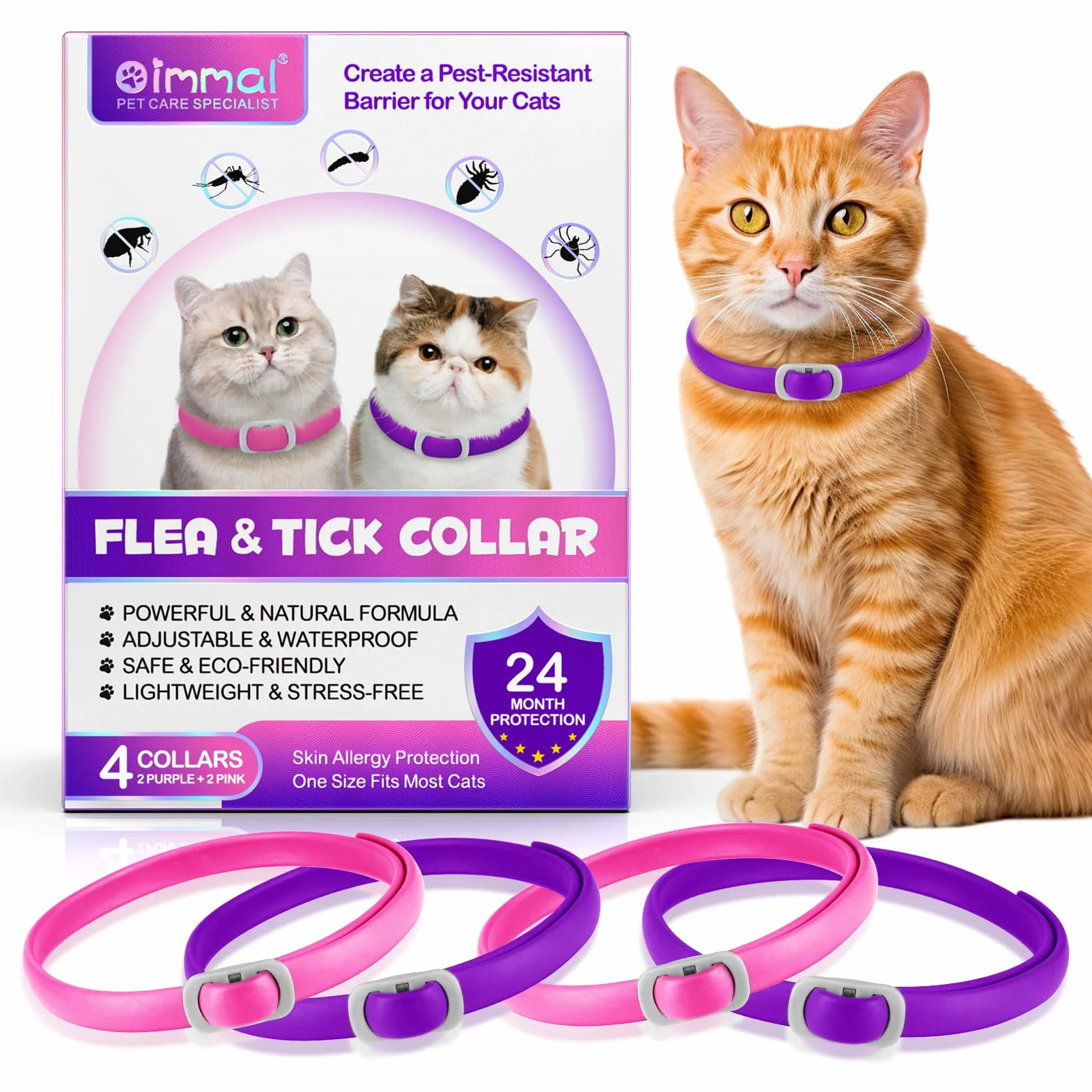 Flea and Tick Collar for Cats, Anti-Parasitic Collar Protection for 24 Months, 4 pcs Cat Flea Treatment Collar 48 cm- Waterproof and Adjustable