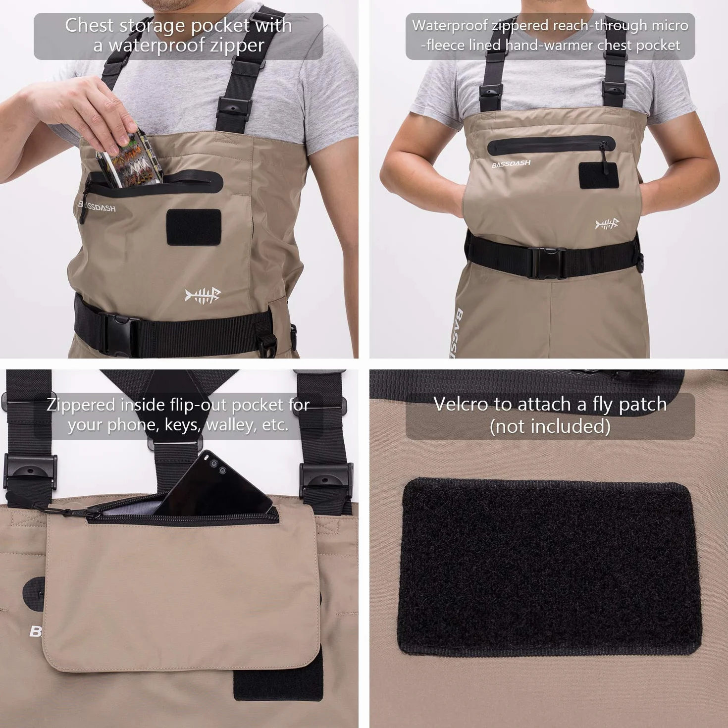 Bassdash Waders Convertibles Pecho/Cintura Traspirables Pesca Caza Calcetín Integrado
