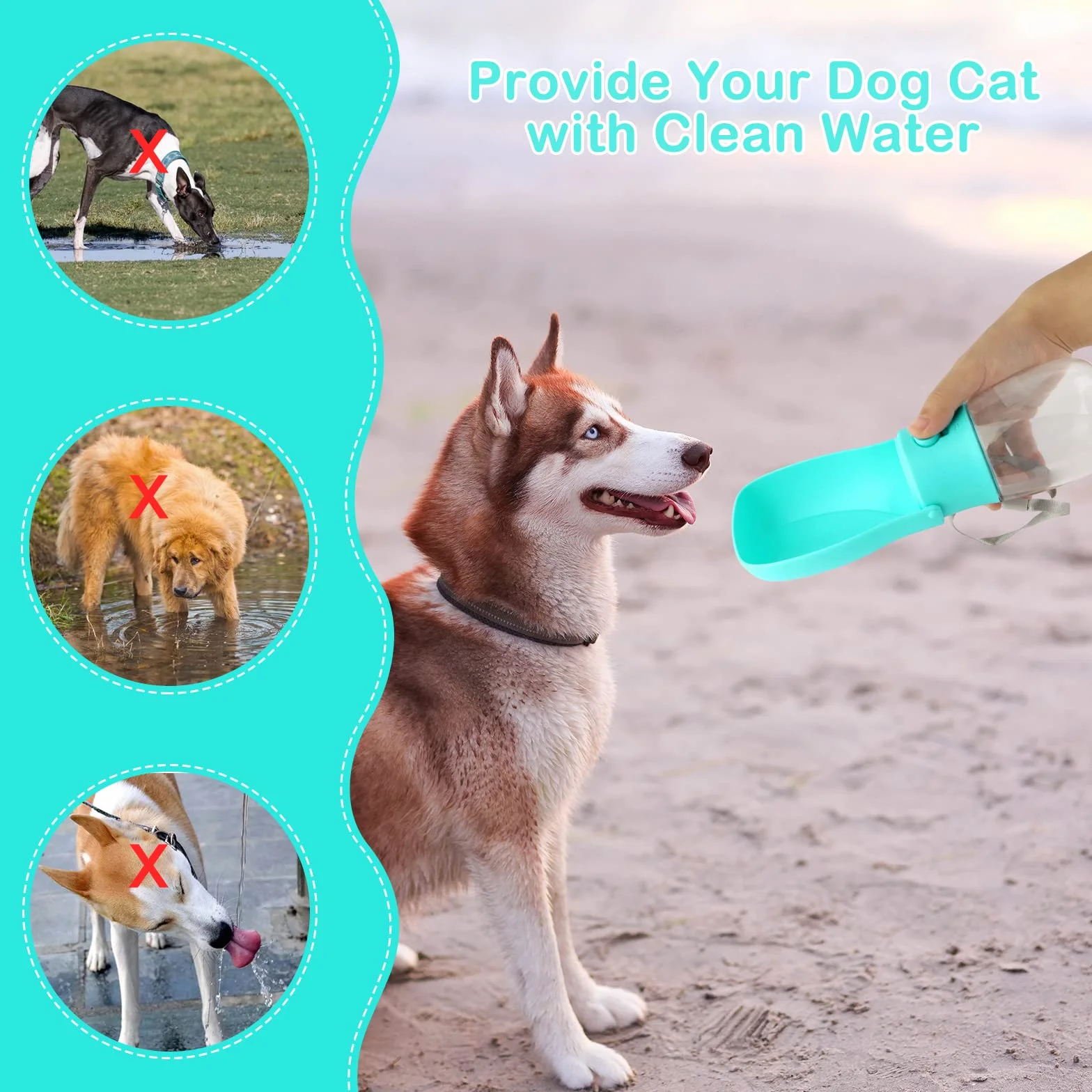 JOPHEK 300ML Botella de Agua para Mascotas, 180°Plegable Botellas de Agua para Perro Gato con Botón de Bloqueo y Filtro de Carbón Activado para Acampar a Pie Todos los Días