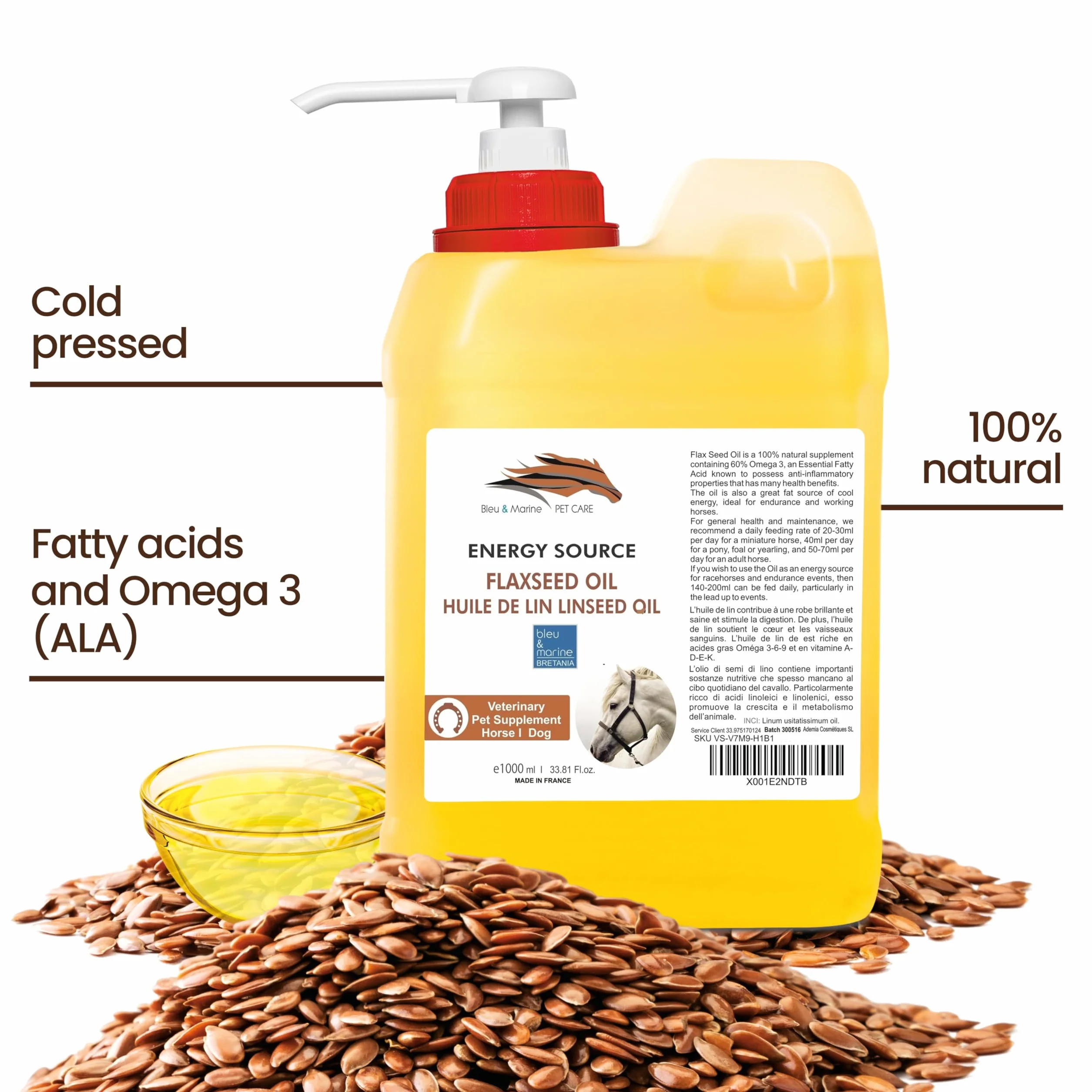 Aceite de Linaza, Energizante Natural, Mejora Pelo y Piel Animal, Crecimiento Saludable, Rico en Omega 3, 5000 ml