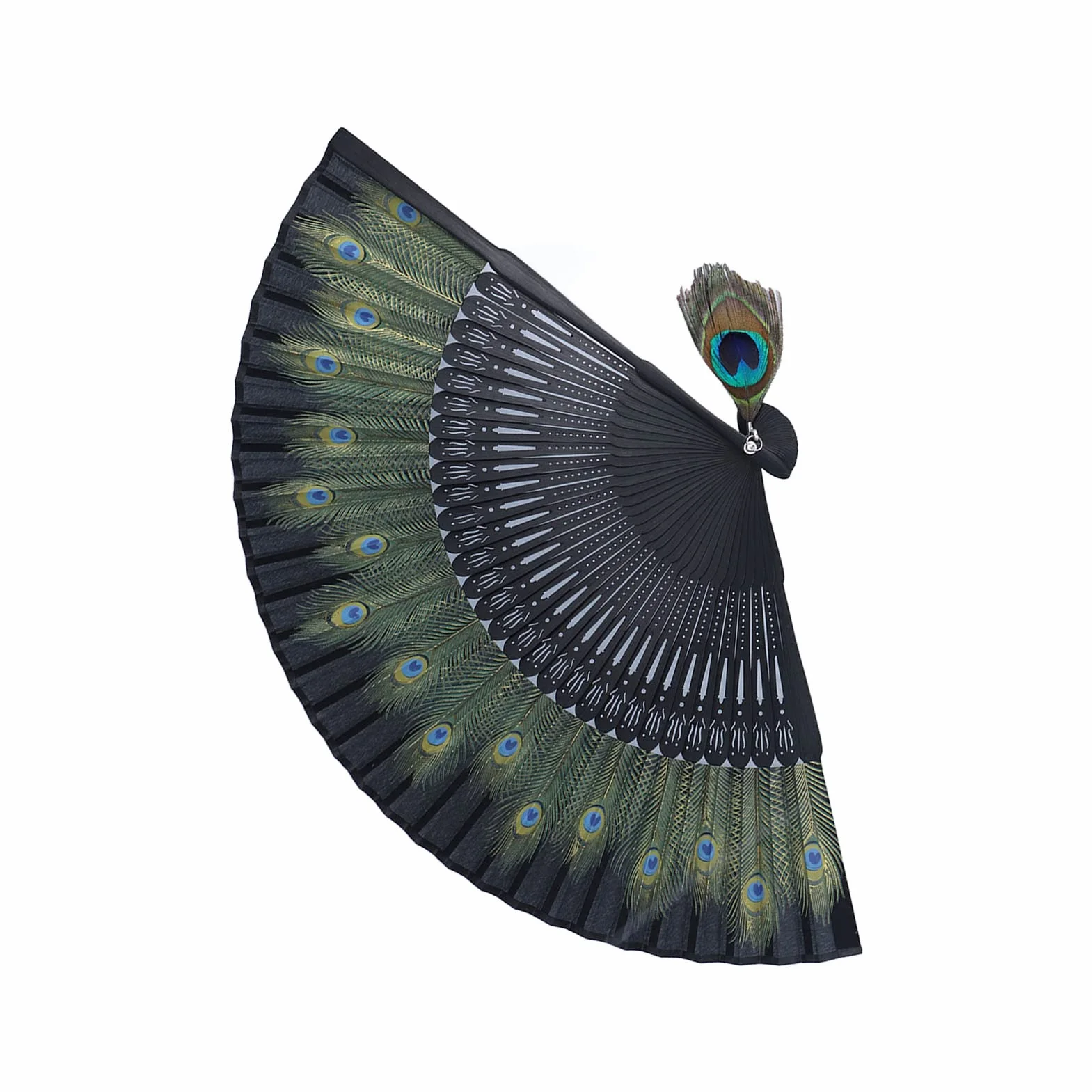 Abanico de Mano de Bambú Antiguo Plegable con Patrón de Pavo Real para Decoración de Pared