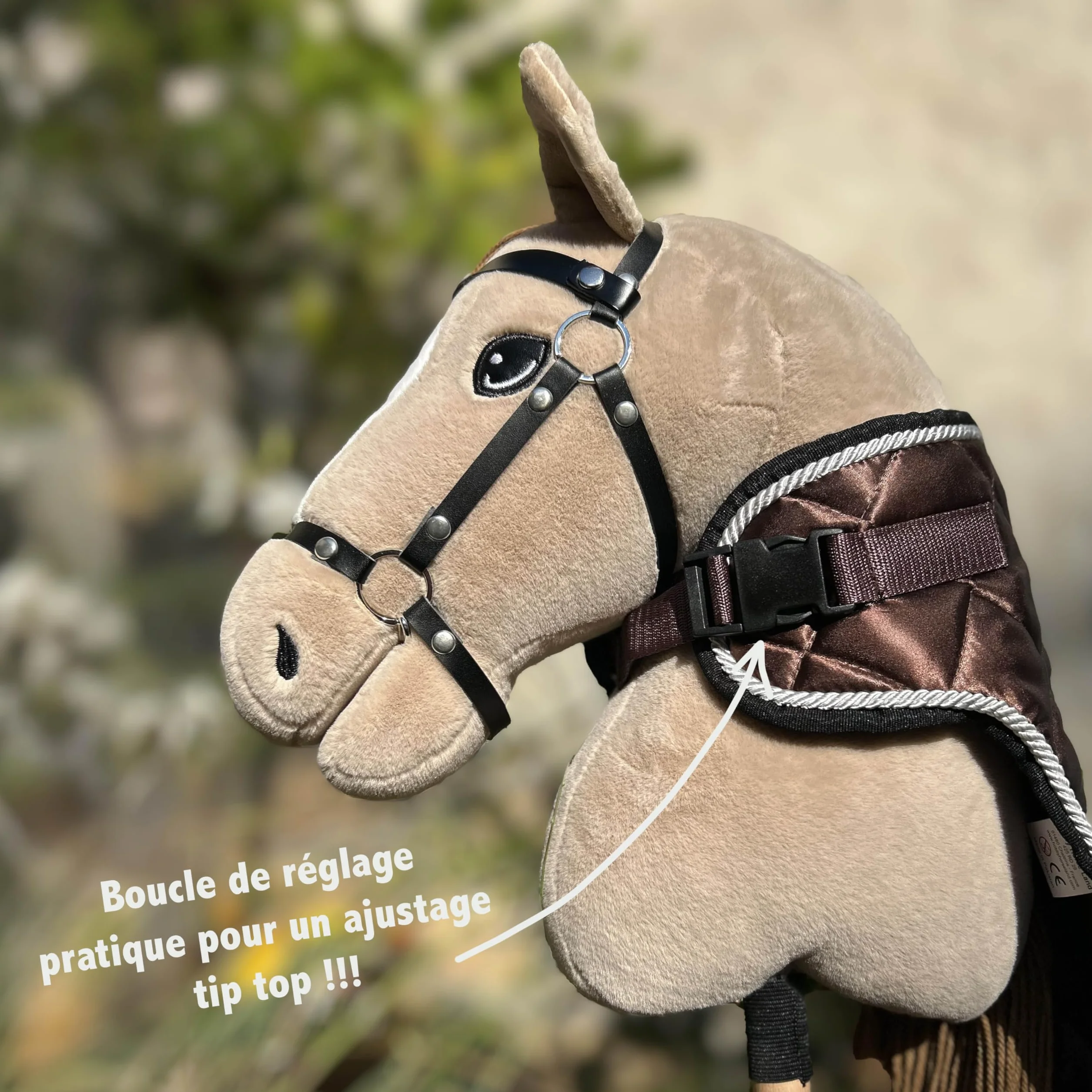 Juego de accesorios marrón chocolate para Hobby Horse y Caballo Palo: halter mosmoute con cordón + manta + gorro antimoscas