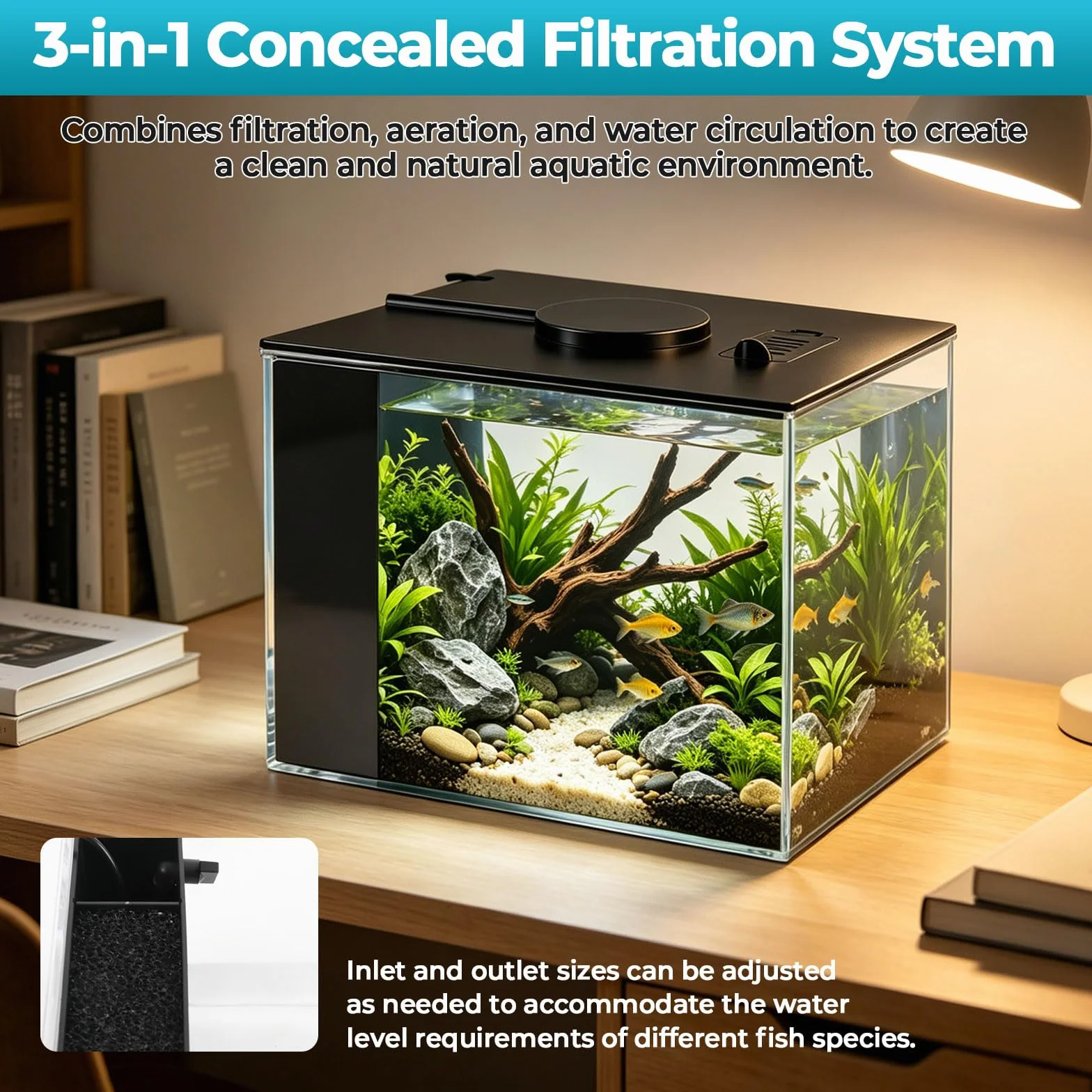 Betta Fish Tank, pequeño acuario de plástico con cubierta y luz LED, kit de inicio de acuario con sistema de filtro, mini pecera de escritorio para camarones Betta