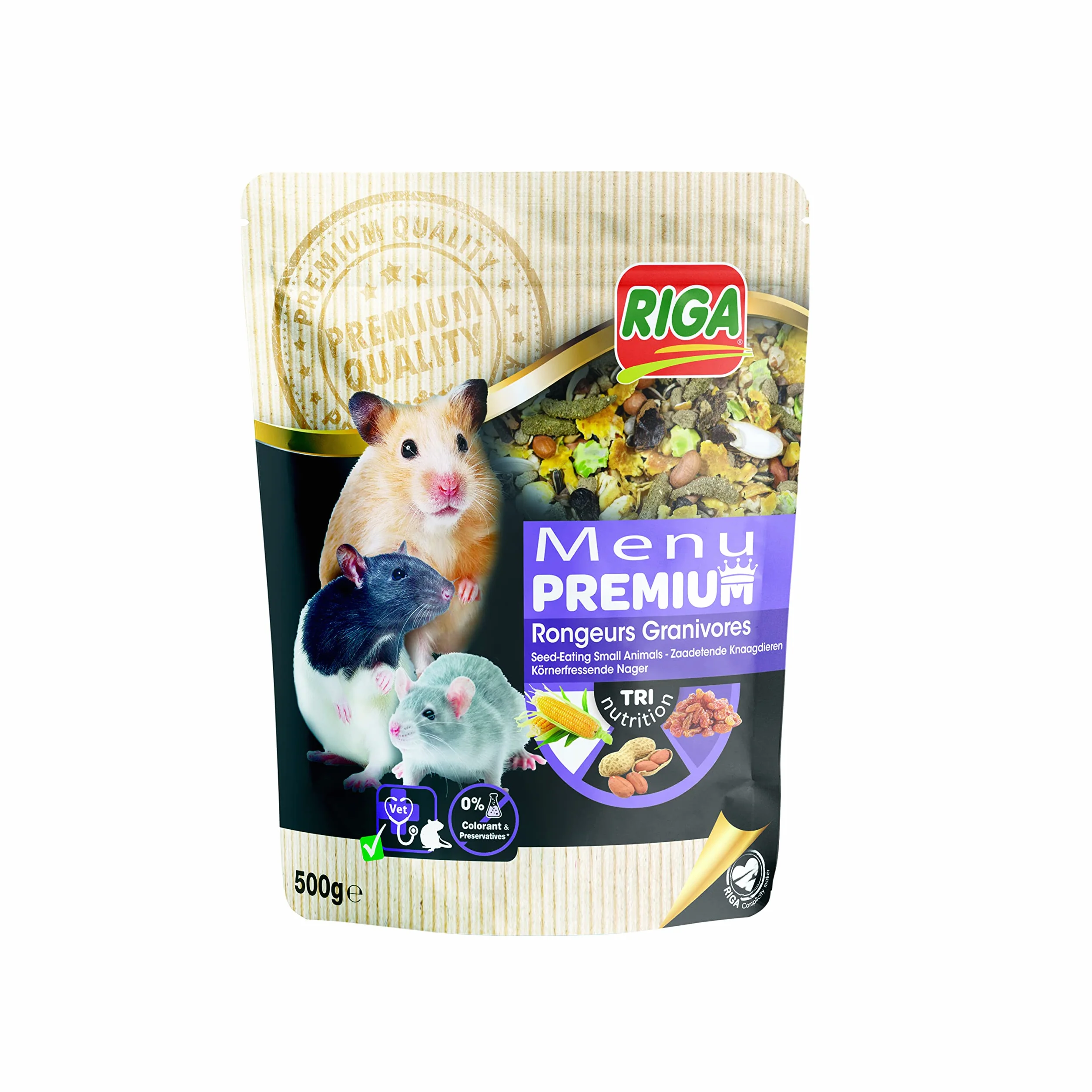 Riga - Menú Premium para roedores granívoros - Mezcla de Semillas, Cereales, Verduras, Frutas y nueces - Concepto de trinutrición - Rico en vitaminas y minerales - 500 g