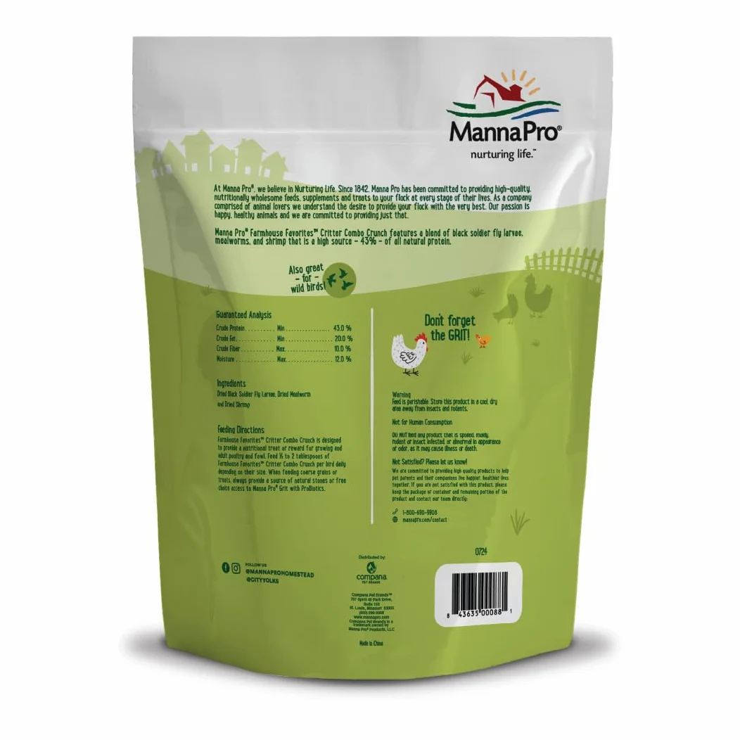 Manna Pro Farmhouse Favorites Critter Combo Crunch - Golosinas para Aves de Corral con proteínas Que promueve el Comportamiento Natural de la alimentación, Mezcla 100% Natural de Larvas Negras de