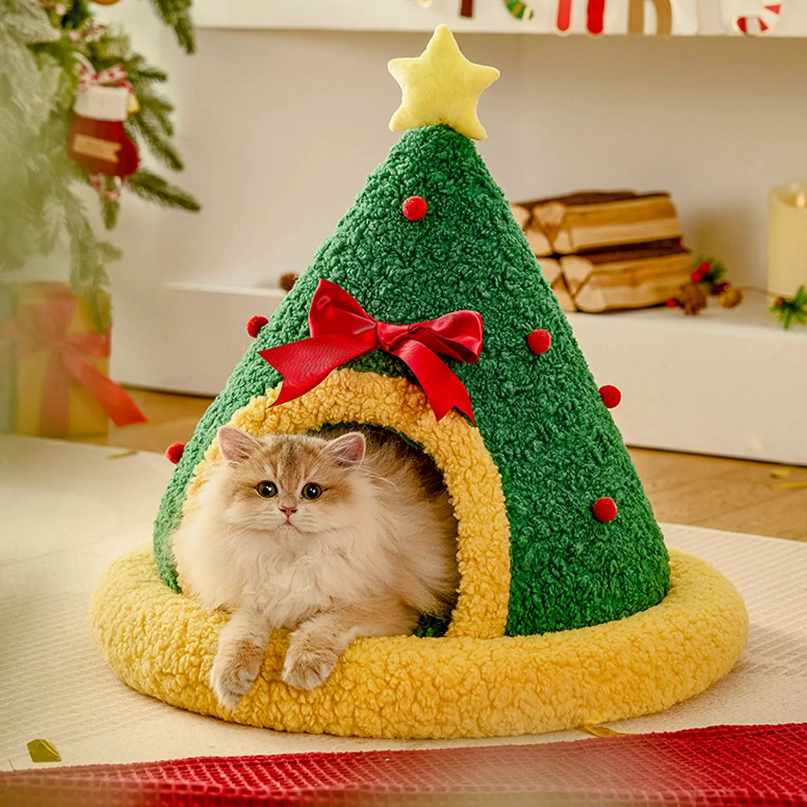 Casa para mascotas, árbol de Navidad, camas interiores para gatos, cama de cueva para gatos, diseño semicerrado, árbol de Navidad multifuncional, triangular, cama cálida para mascotas para el