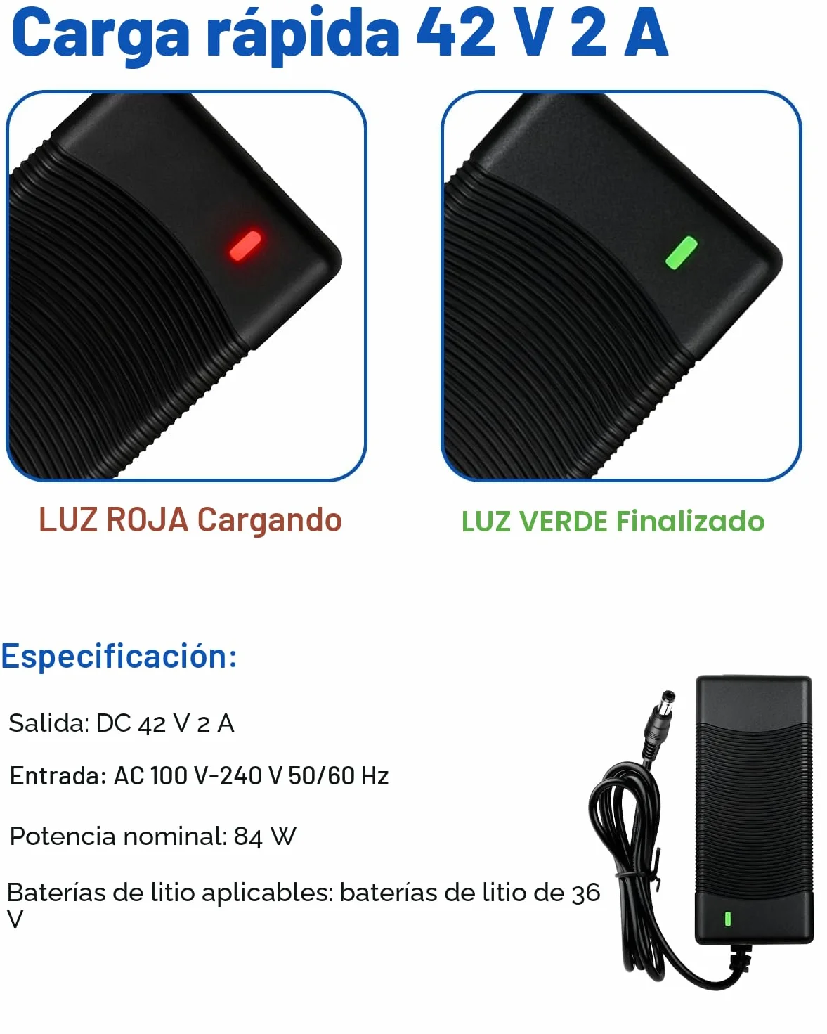 Cargador Patinete Eléctrico 42V 2A Universal 5 Conectores Batería 36V Scooter M365