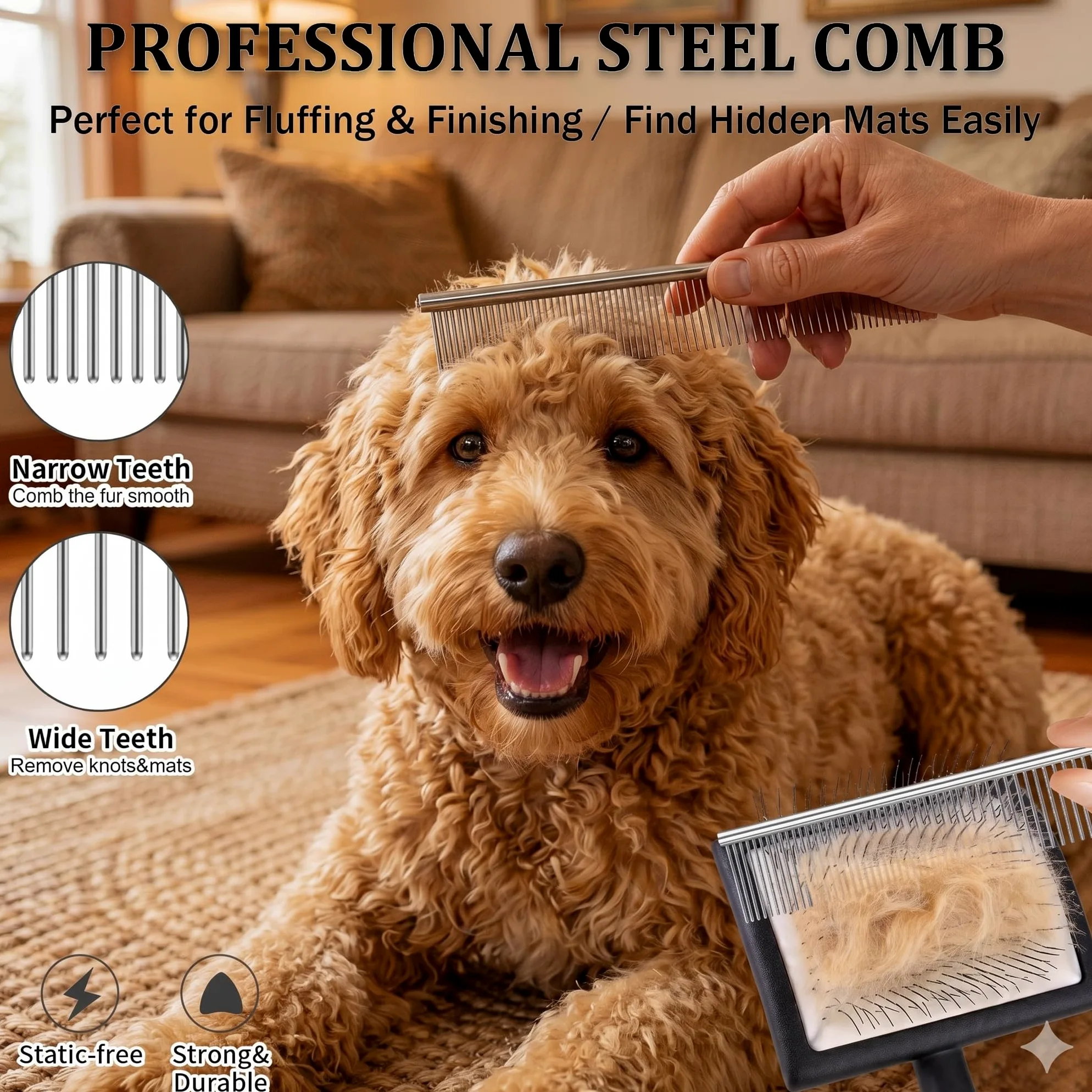 Cepillo grande para perros – Cepillo de pelo largo para alfombras y desprendimiento de pelo largo, garabatos, caniches, Goldendoodle, Labradoodle, 3 piezas de aseo con mango de madera, negro