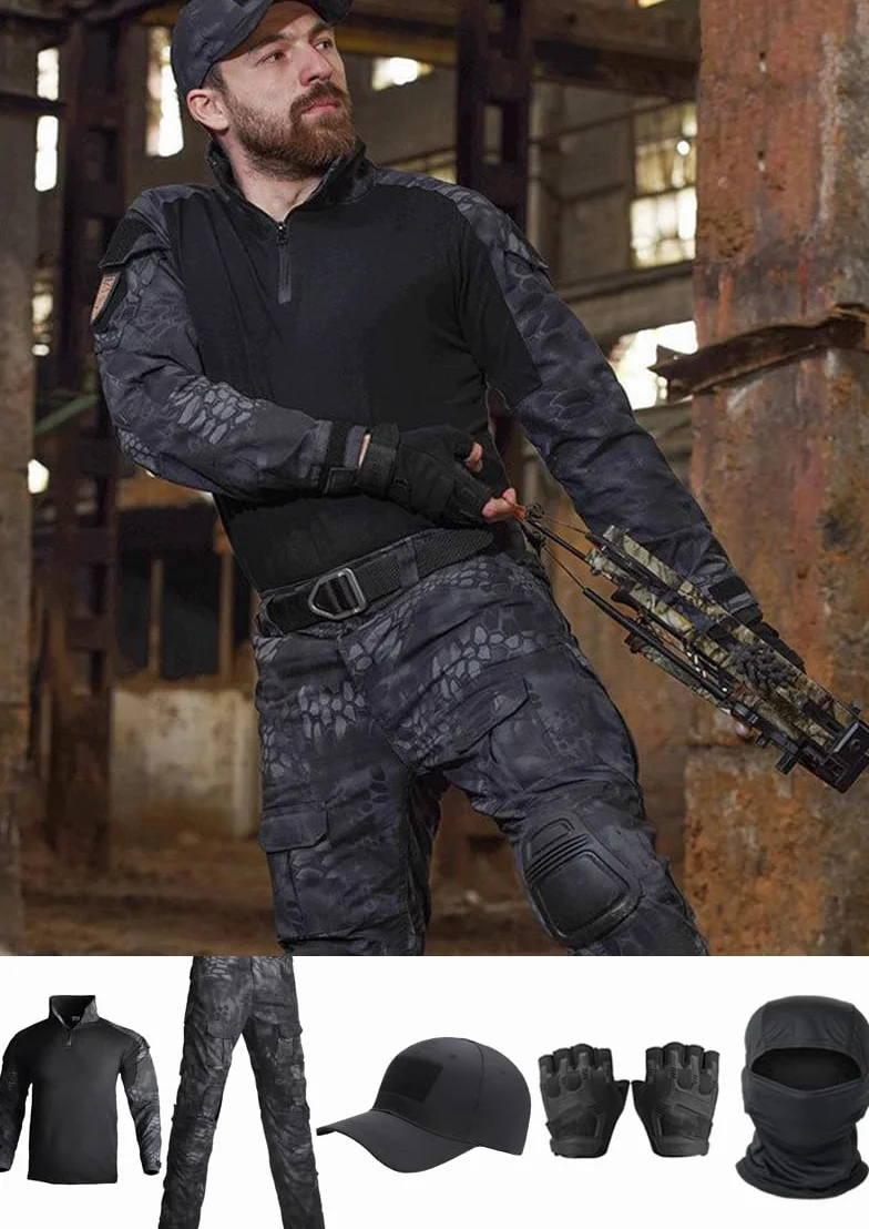 Traje táctico militar negro para airsoft hombre - Pantalones y camisa de combate con pasamontañas y guantes