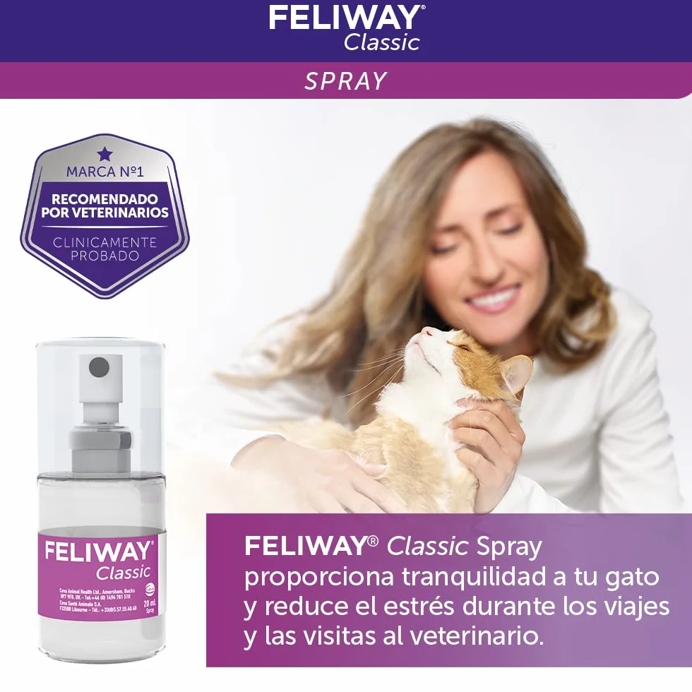 FELIWAY Classic Spray - Feromonas calmantes para gatos (20ml). Reduce los marcajes con orina y el estrés durante los viajes en transportín. Recomendado por veterinarios.