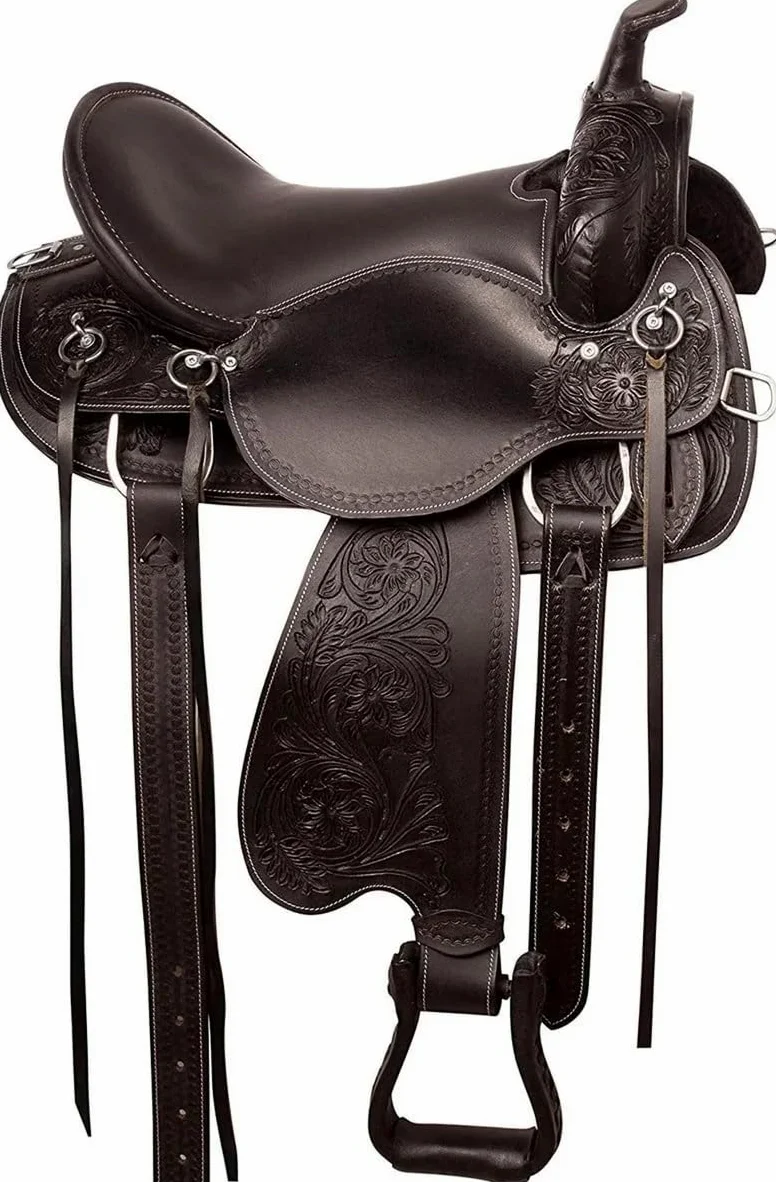 Juego de tachuelas de cuero para caballos occidentales de 16 pulgadas, sillín de carreras, cuello de pecho, riendas negras ST-WLS-C102