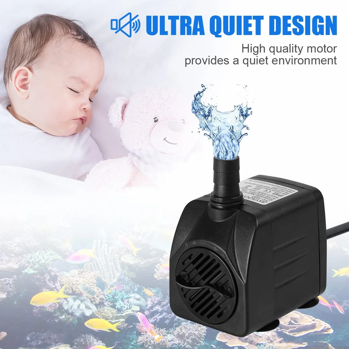 flintronic Mini Bomba de Agua, 16W/800L/H para Acuario con 2 Boquillas, Altura máxima 1.6m, Sumergible para Fuente de Estanque, EU Enchufe