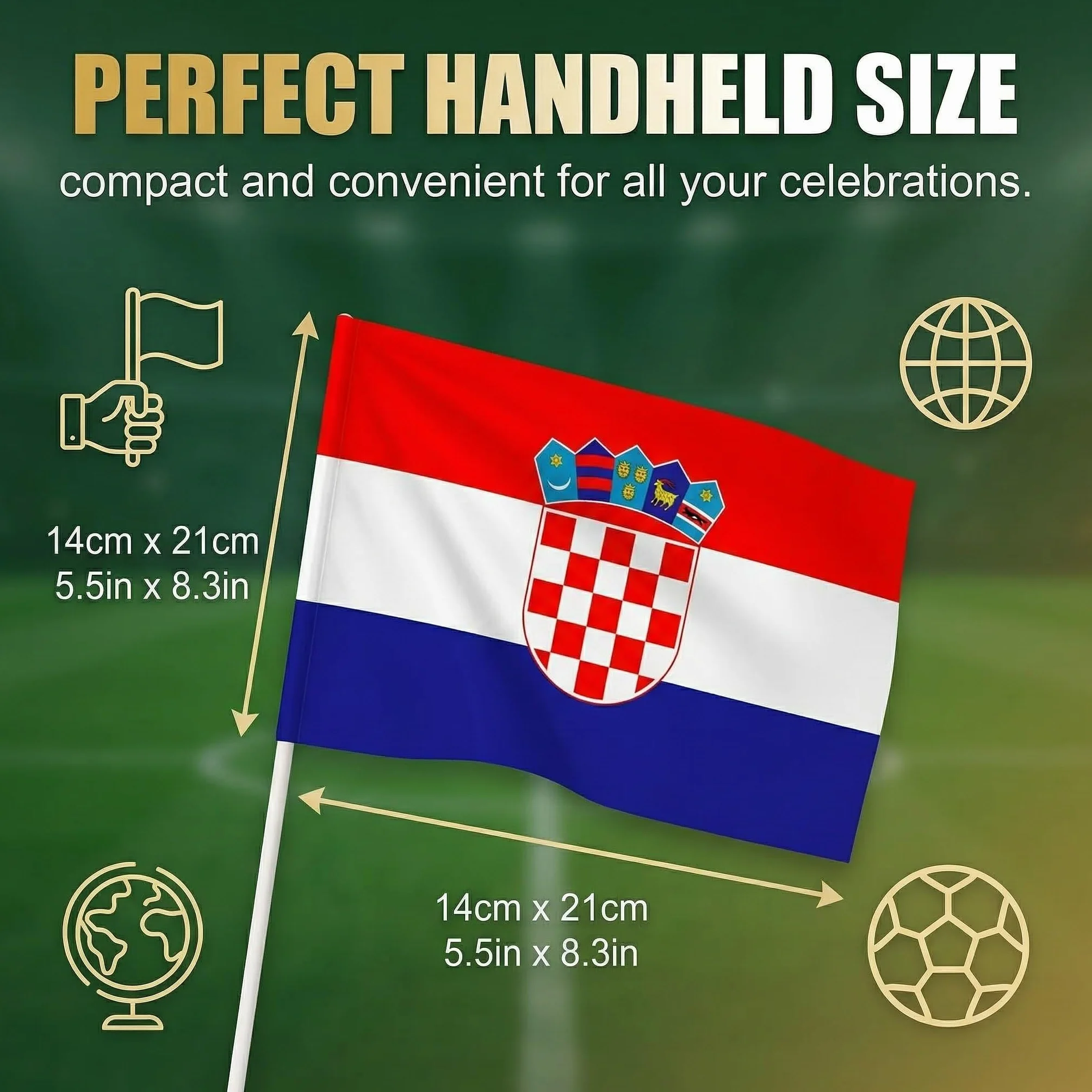 Bandera de Mano 2026 Copa del Mundo Fútbol, 8 Países 30cm Palo, Doble Cara Decoración Mundial