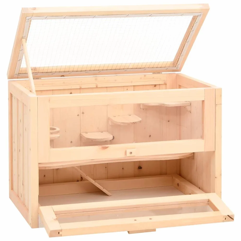 Jaula de hámster de madera maciza de abeto 60 x 35,5 x 42 cm con cristal frontal acrílico y techo de malla de alambre para cobayas, ratones, conejos y animales pequeños como salida segura y