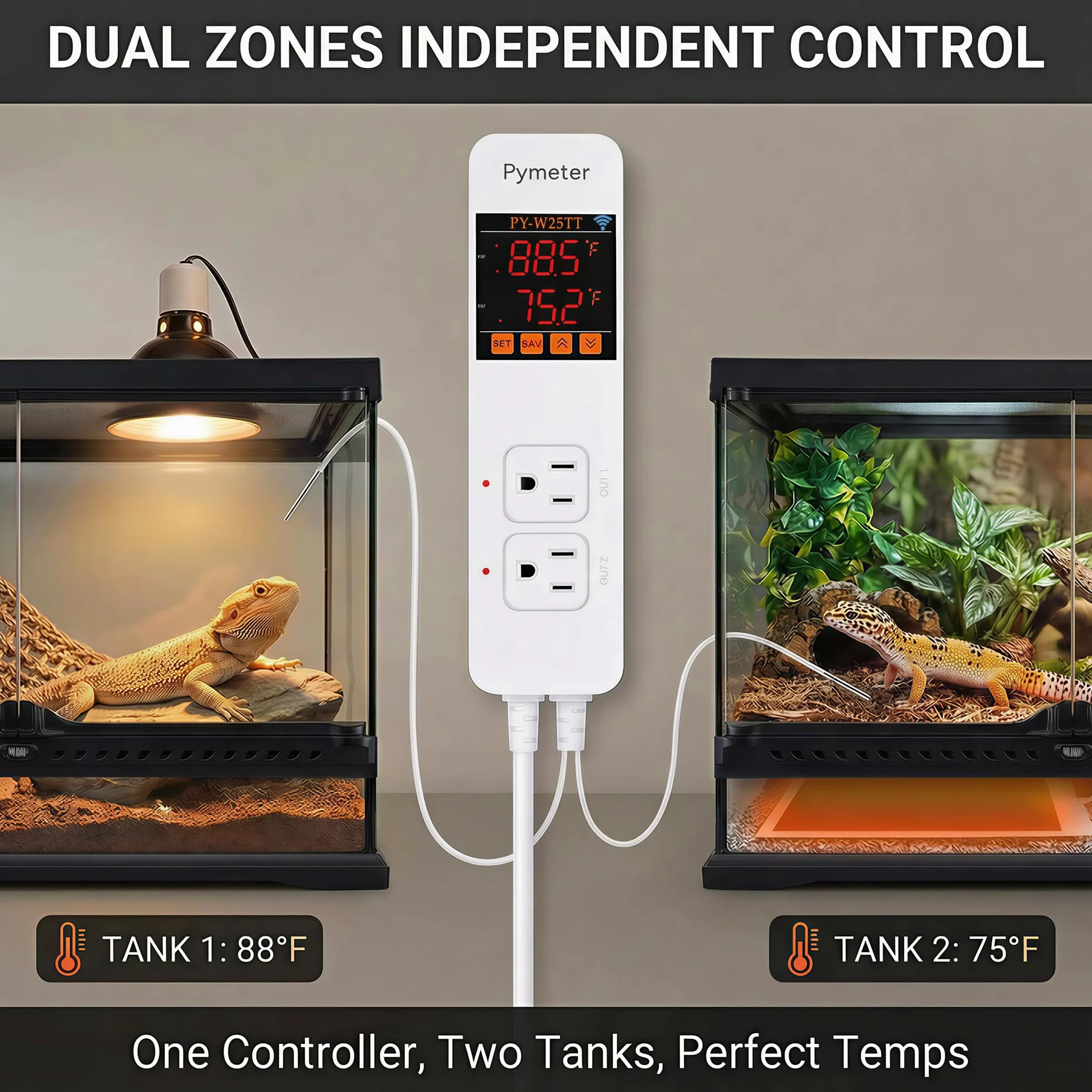 Controlador de temperatura con doble sonda WiFi, termostato, dos tomas de corriente para reptiles, almohadilla de calor, ventilador de refrigeración de invernadero, control inalámbrico
