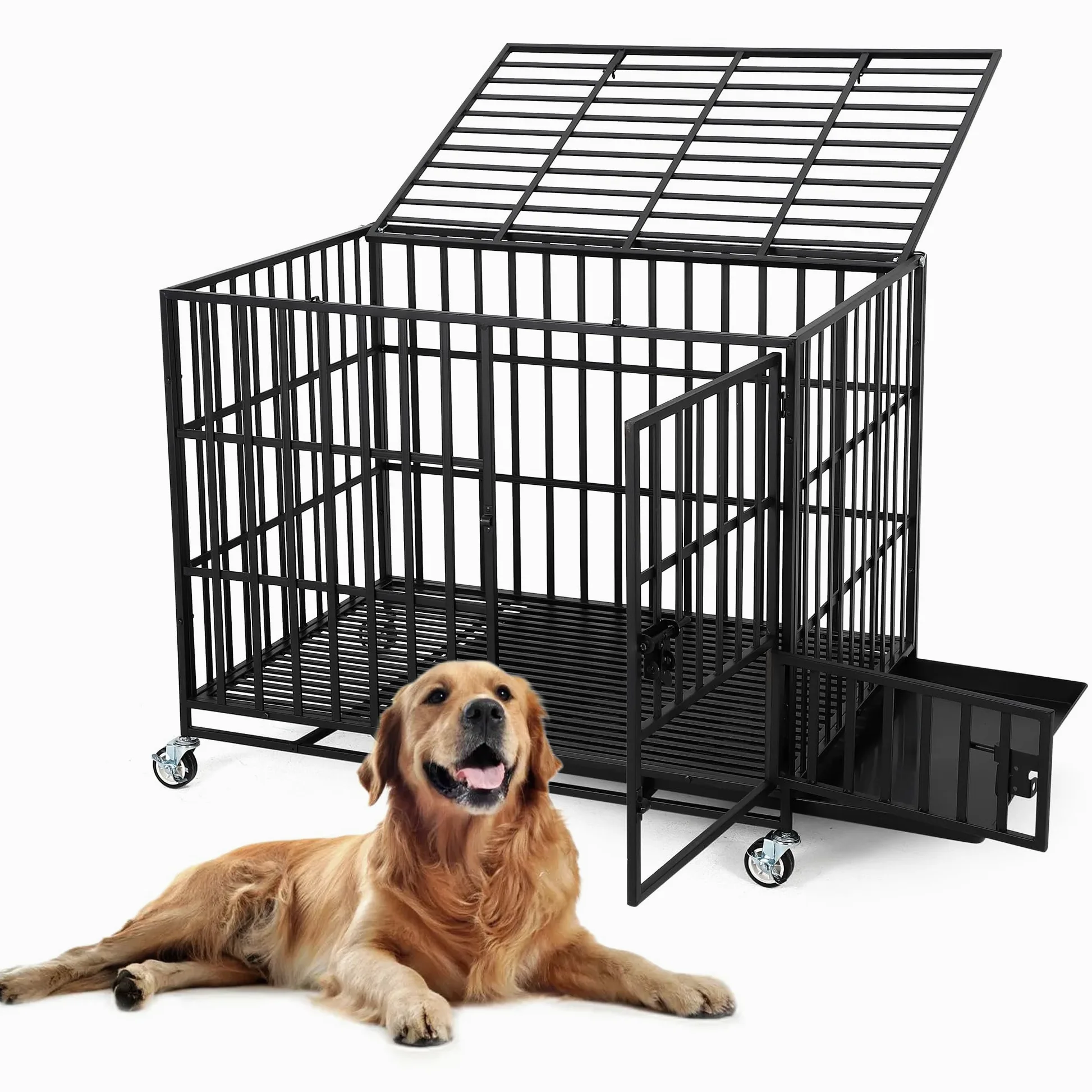 Caja para perros de metal pesado de 125 cm, con 3 puertas, jaula antifugas, para interior con estantes y ruedas, caseta extra grande para perros grandes y medianos, fácil de limpiar (negro)