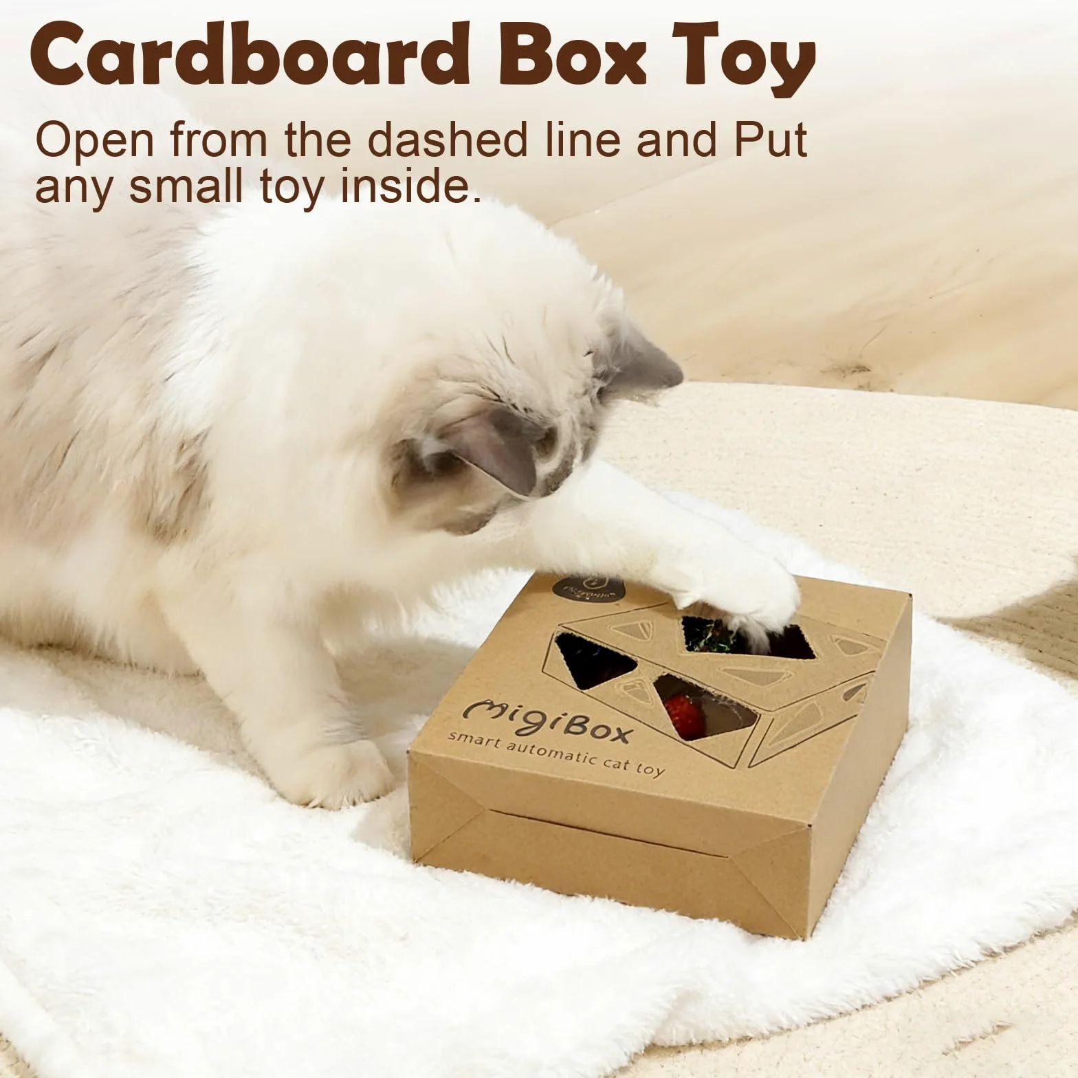 Migipaws Juguete interactivo para gatos blancos con bolsa de tela morada, juego de persecución de ratones alimentado por IA, sensor inteligente, recargable, duradero y divertido de pelota de bricolaje