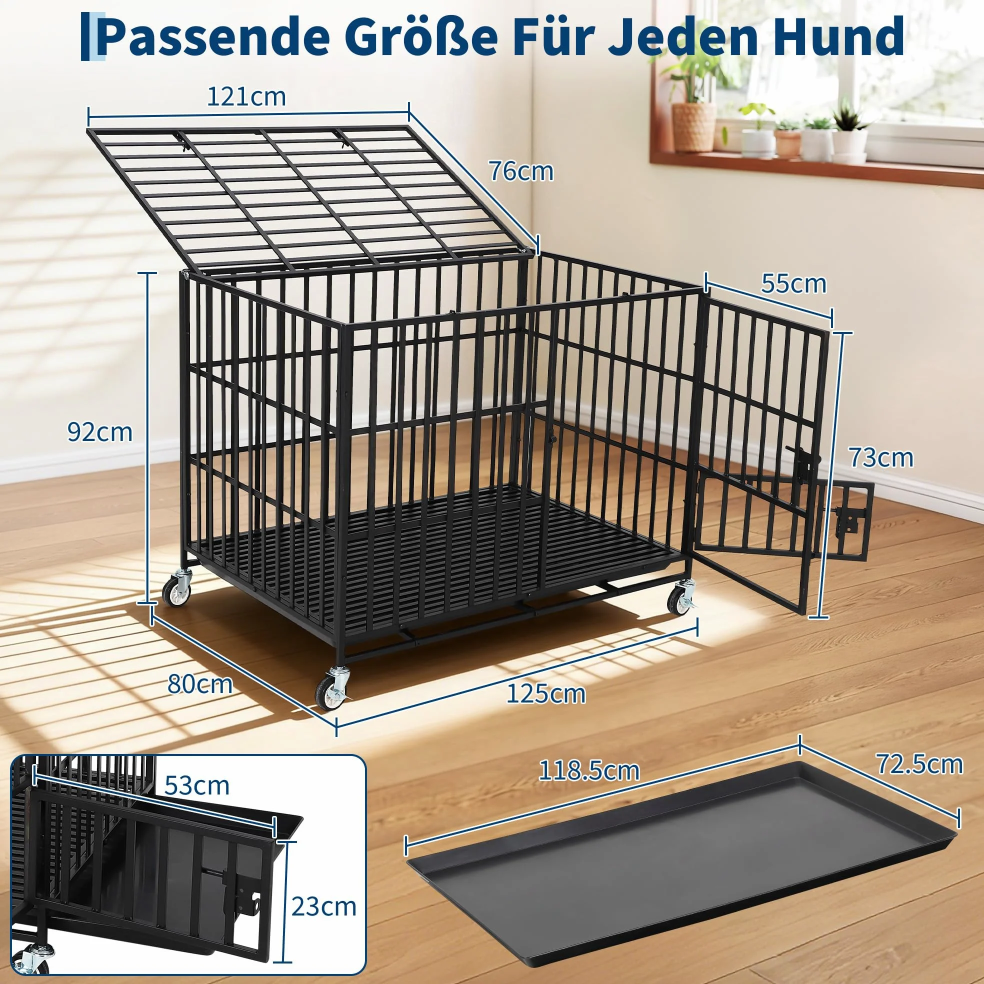 Caja para perros de metal pesado de 125 cm, con 3 puertas, jaula antifugas, para interior con estantes y ruedas, caseta extra grande para perros grandes y medianos, fácil de limpiar (negro)