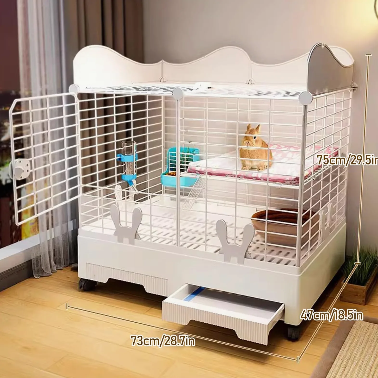 Conejera Doble, Conejera de Interior con Espacio de Almacenamiento - Conejera para Animales Pequeños con Dos Bandejas Deslizantes para Conejos, Chinchillas y Hurones(White)