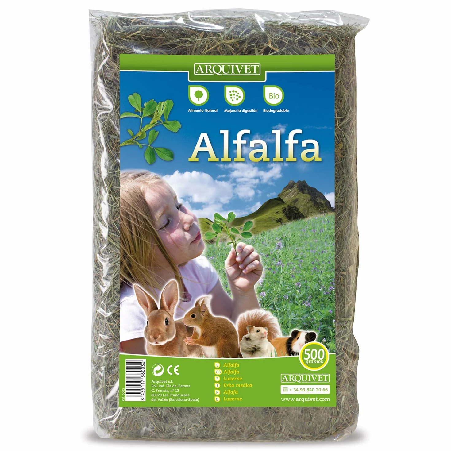 ARQUIVET Alfalfa para roedores 500 gr - Comida para Conejos, cobayas, Hamsters, Chinchillas - Alimentación Natural - Forraje para pequeños mamiferos - Alimento nutritivo Rico en vitaminas y minerales