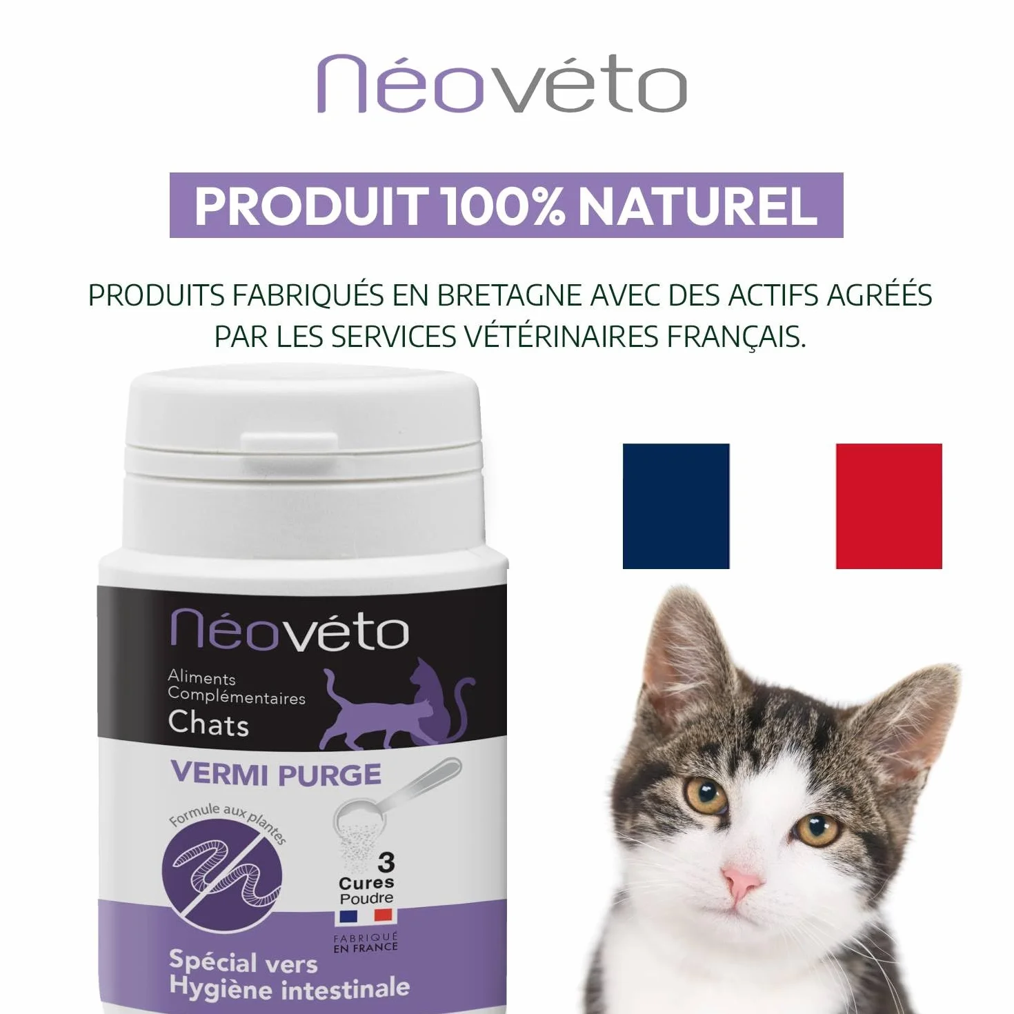DESPARASITANTE para Gatos Antiparasitario Interno en en Polvo Natural, Ingredientes Activos autorizados por los Servicios Veterinarios Franceses