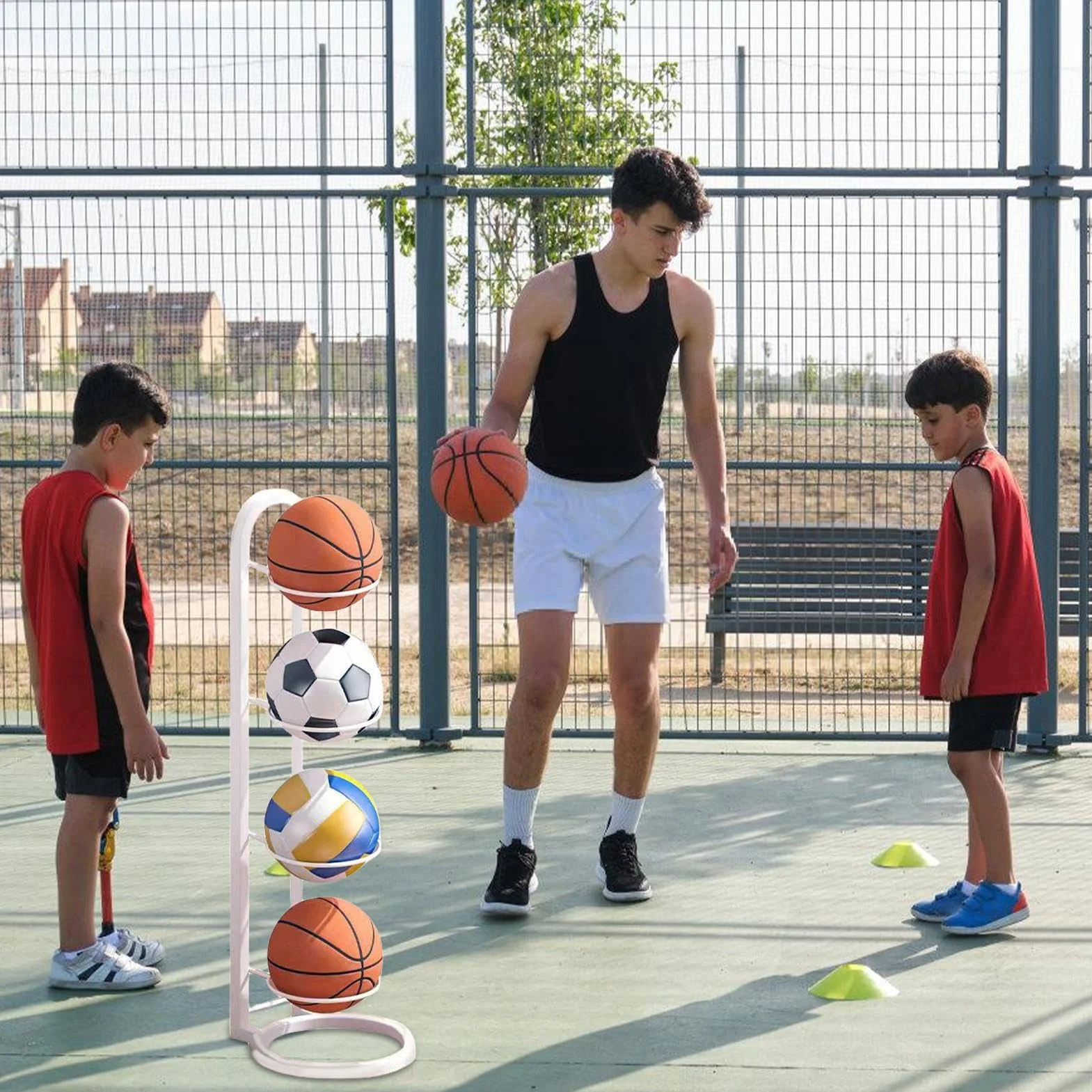 Estante De Bolas de 4 Niveles - Soporte Almacenamiento Vertical para Baloncesto, Fútbol y Voleibol