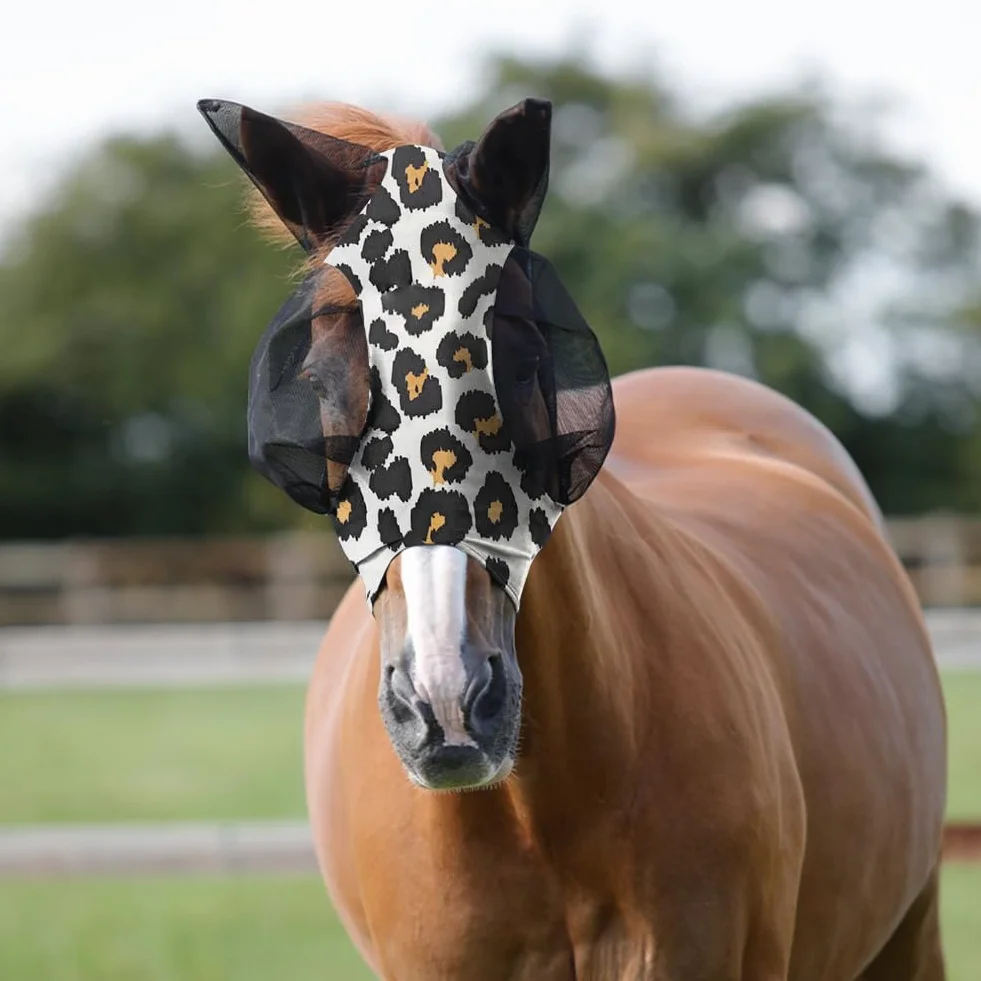 Máscara Antimoscas para Caballos con Orejeras, Estampado de Leopardo, Anti-UV, Malla Transpirable
