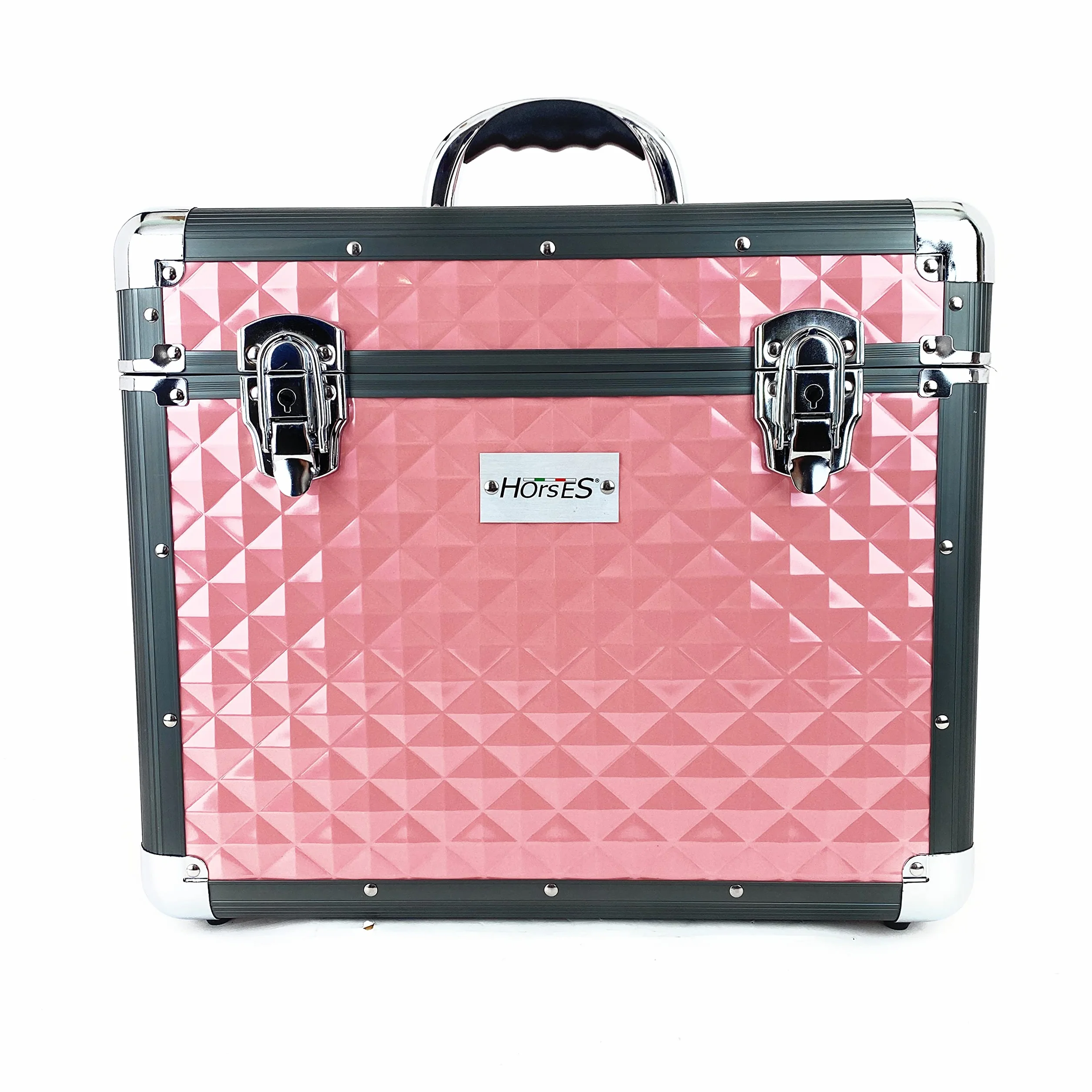 Horses, Baúl Shiny para el cuidado del caballo, caja porta accesorios para el aseo ecuestre, porta kit de cepillos, caja de aluminio 30 x 38 x 26 cm, rosa
