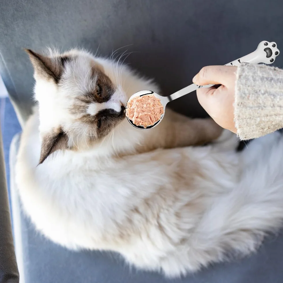 Cuchara de comida para mascotas 7 pulgadas, 2 paquetes de cucharas de latas de mascotas largas y tenedores de comida para perros, tenedores de cucharas de comida para gatos de acero inoxidable, tenedo