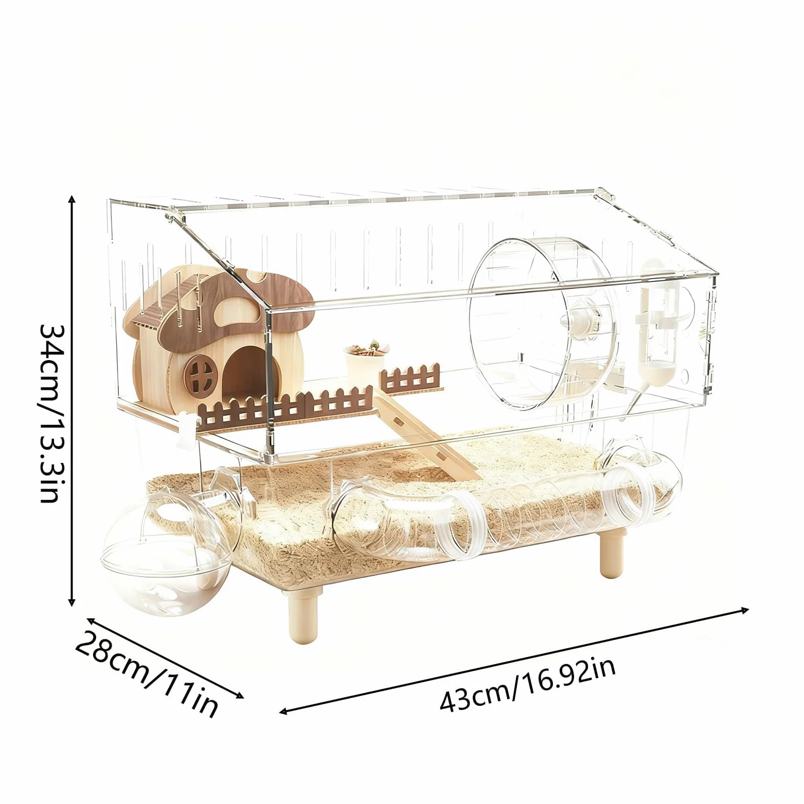 Jaula grande de acrílico para hámster con accesorios, tanque de hábitat de 2 capas con rueda de ejercicio para mascotas pequeñas como ratones, hámsters enanos y jerbos, 45 x 28 x 34 cm