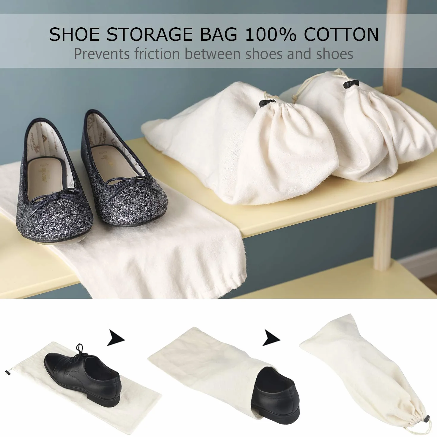 Bolsa para Guardar Zapatos 100% Algodón con Cordón, Juego de 4 Piezas para Viaje y Almacenamiento