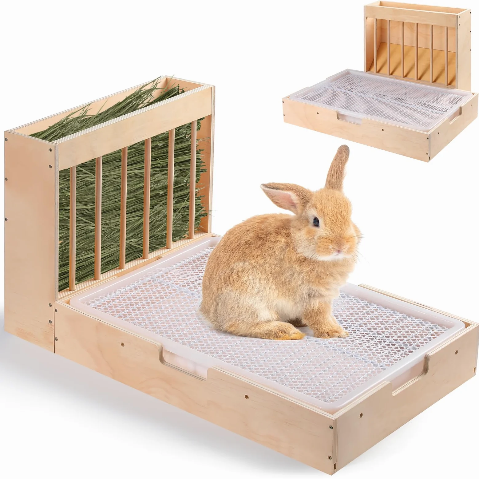 Juego de comedero de heno y caja de arena 2 en 1 extragrande para conejos, madera, a prueba de desorden, para cobayas, chinchillas, hámsters y conejos