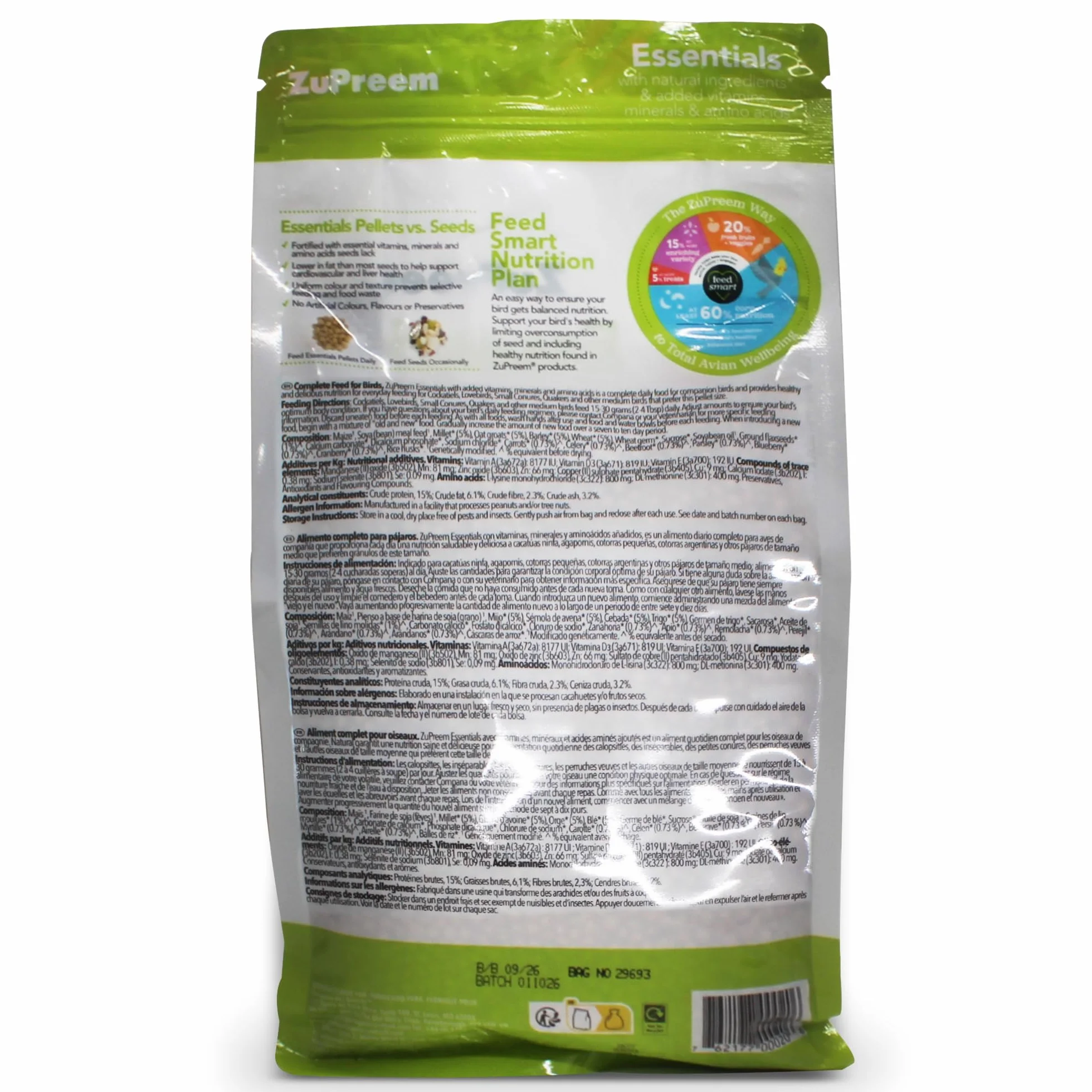 Zupreem Essentials Alimento para Aves de Compañía - Ingredientes Naturales - Pienso para Pájaros Indicado para Agapornis, Cacatúas NINFA, Cotorras Argentinas y Otros Pájaros Medianos - 1 kg