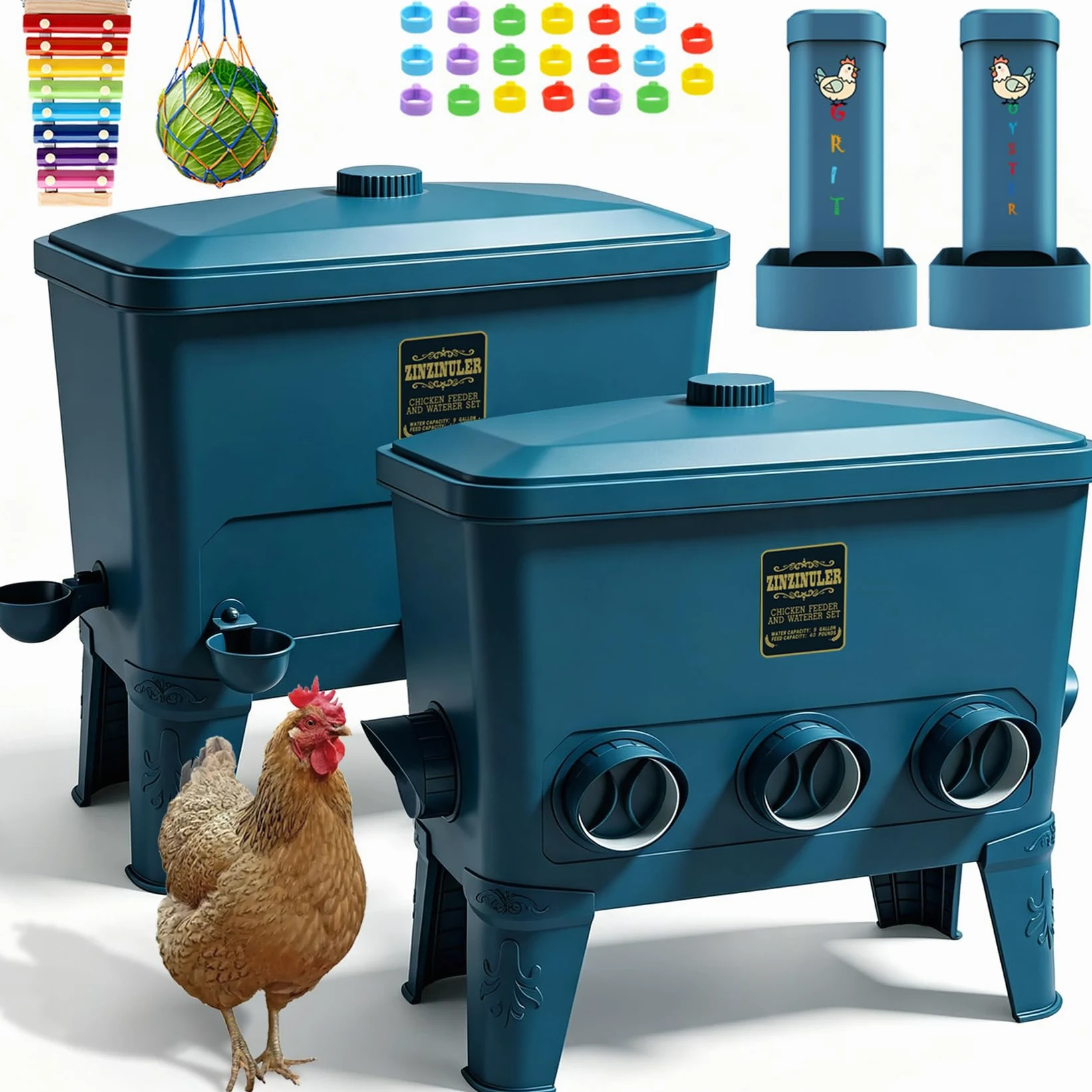 ZINZINULER Juego de comedero automático grande para pollos y bebedero de tazas, accesorios para gallineros, comedero para aves de corral sin residuos, 9 galones/50 libras (cian)
