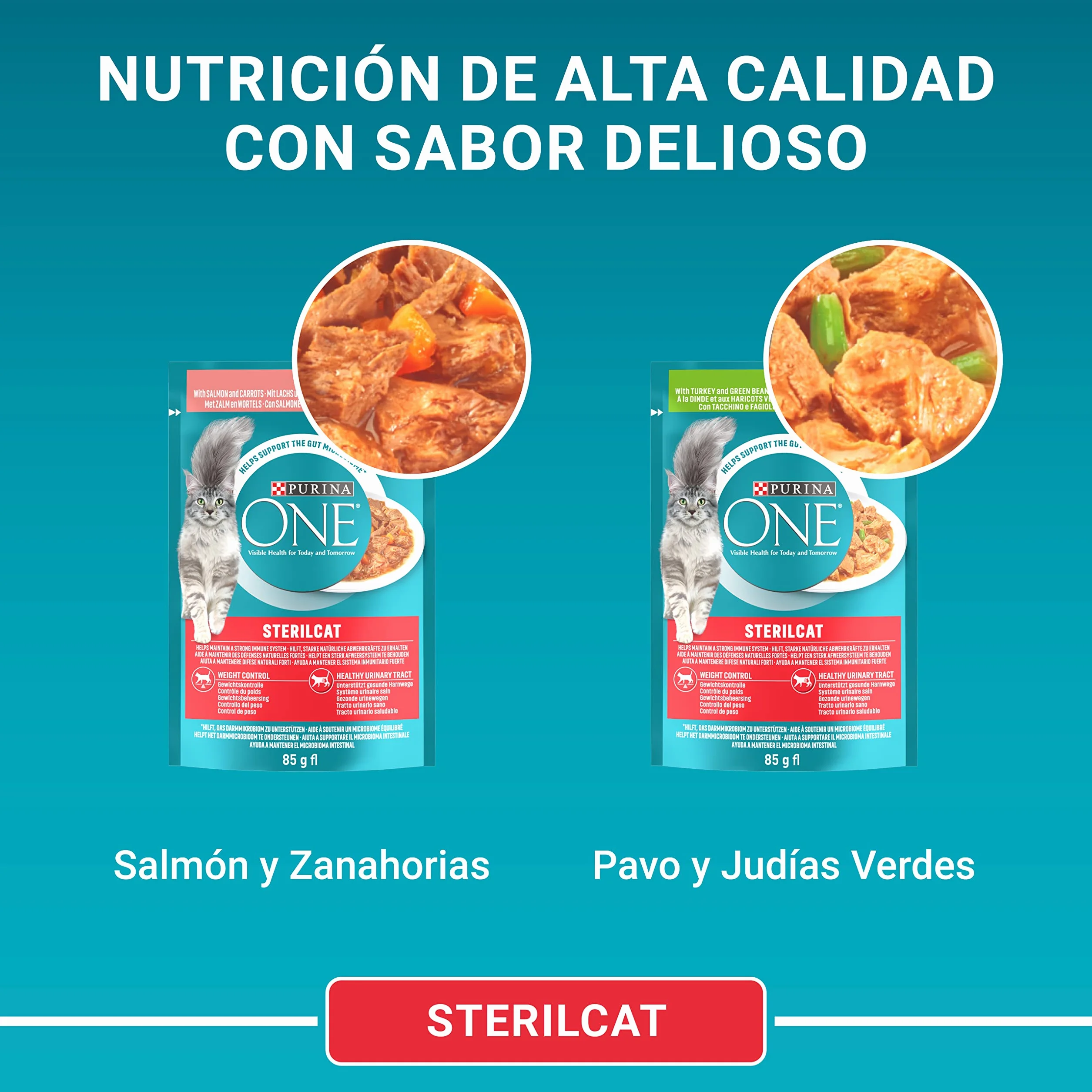 PURINA ONE Sterilcat, Comida Húmeda para Gato Esterilizado Adulto, Trocitos en Salsa, Surtido de Salmón y Pavo, 12 Packs de 4 Sobres de 85 g. (48 sobres)