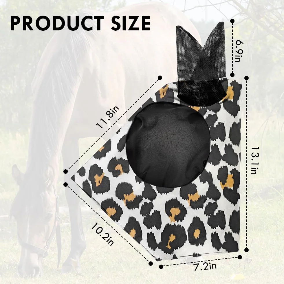 Máscara Antimoscas para Caballos con Orejeras, Estampado de Leopardo, Anti-UV, Malla Transpirable