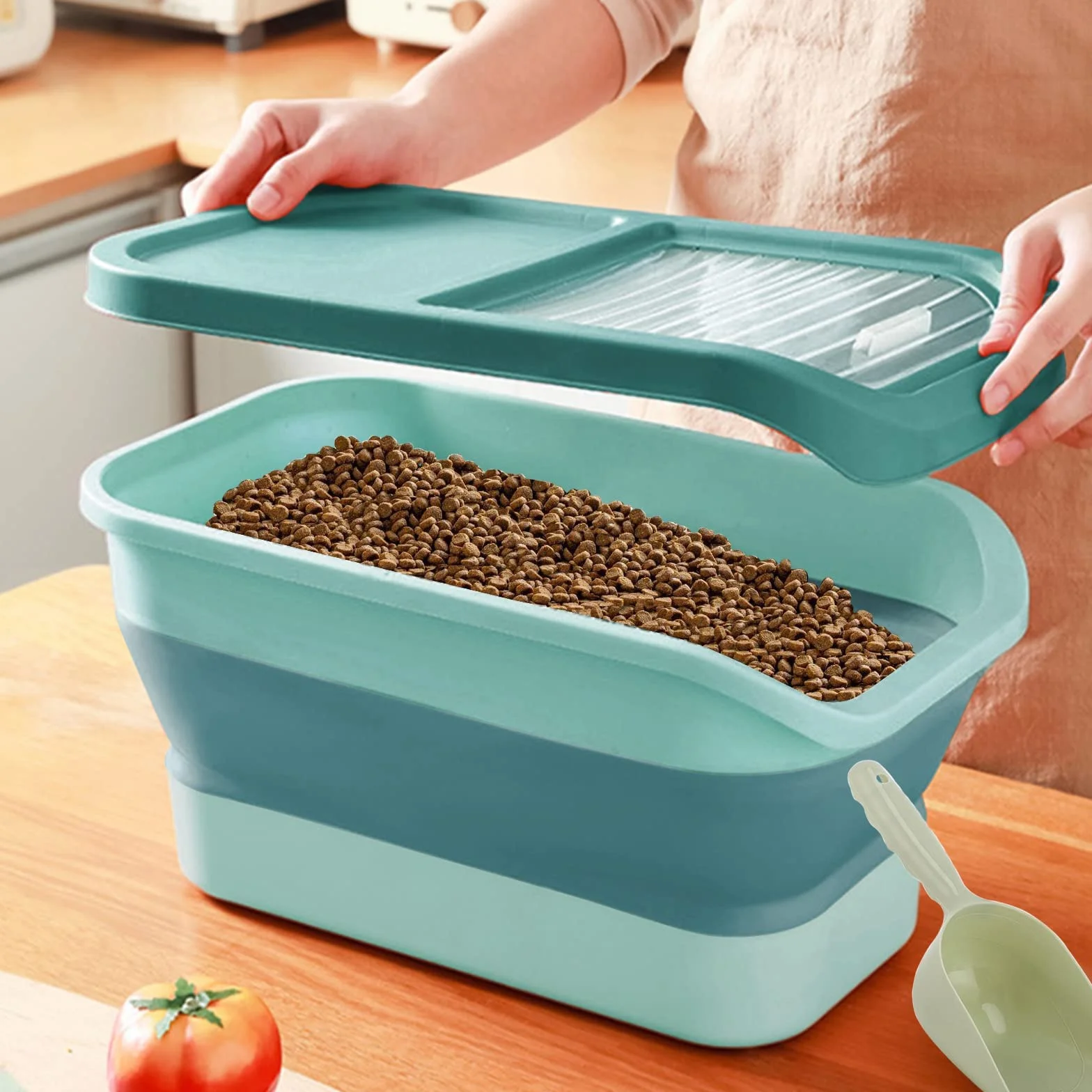 Contenedor Pienso Perro Gato Plegable Cubo Caja Almacenamiento Comida con Pala y Taza Medidora (Verde)