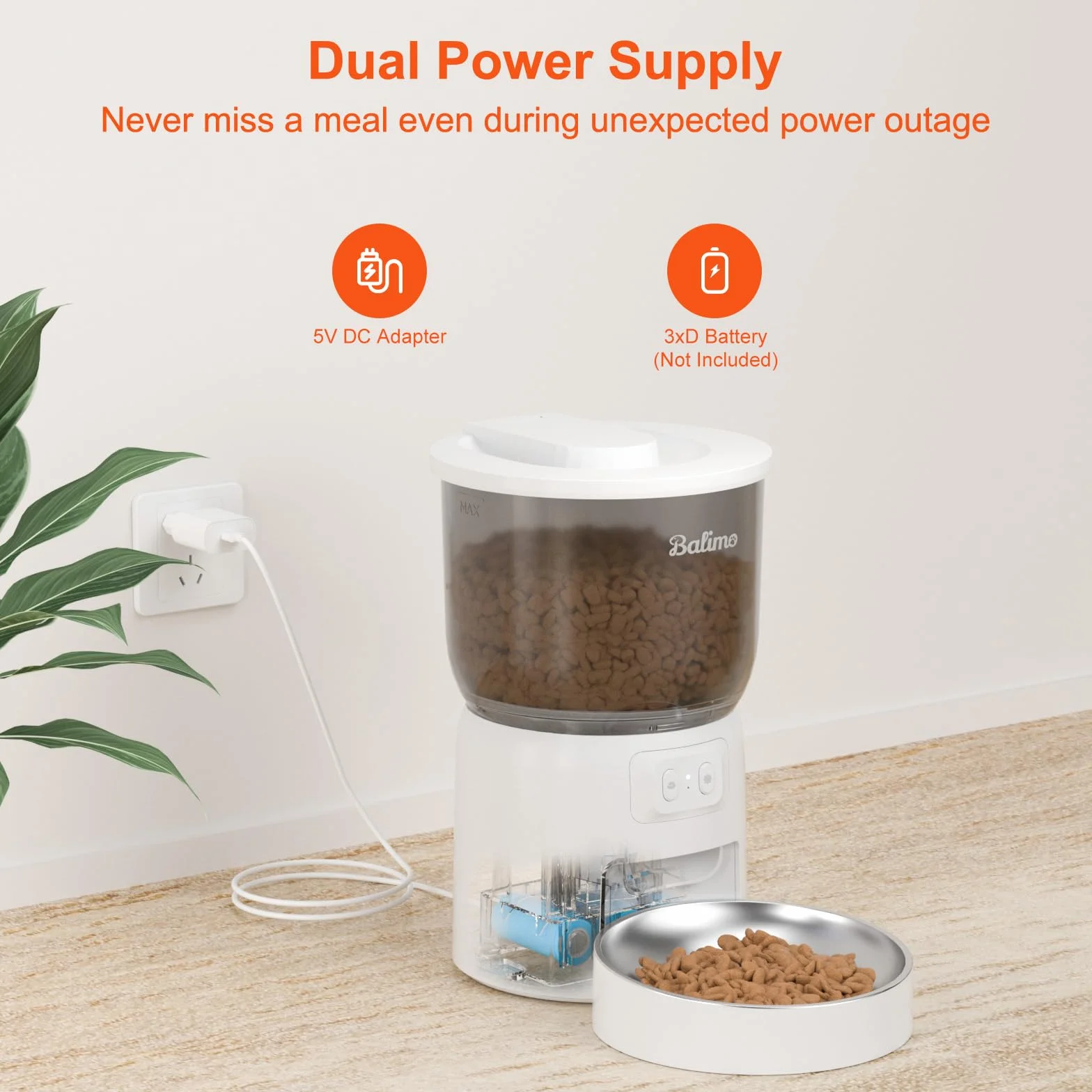 Balimo Comedero Gato Automatico 2.4G WiFi, 3L Dispensador Comida Gatos y Perros con Control de la Aplicación, 10 Comidas por Día, Cuenco de Acero Inoxidable, Blanco