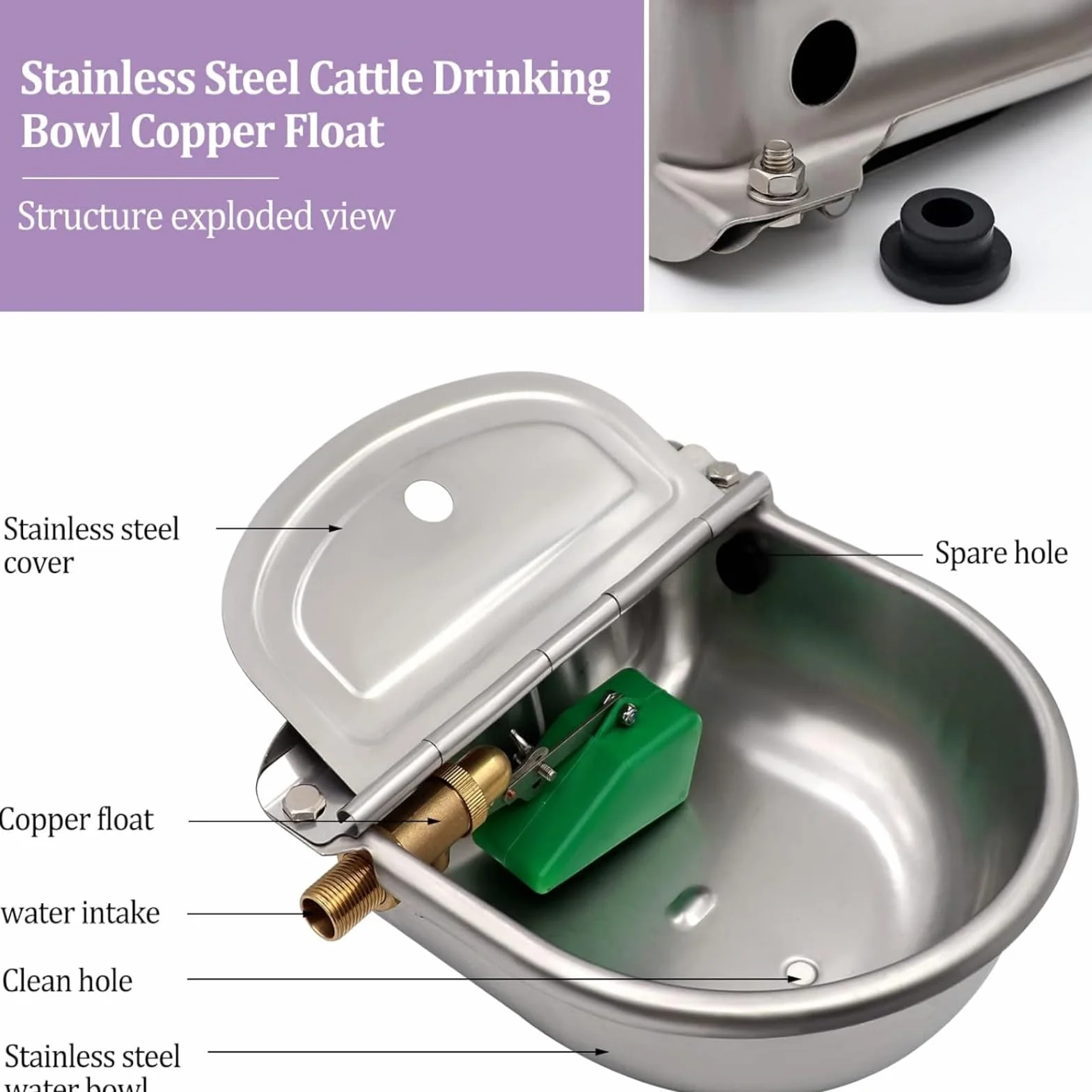 Bebedero para Caballos Automático Bebedero Perro Acero Inoxidable con VáLvula de Flotador de Latón Ajustable de 1/2" y Orificios de Drenaje para Ganado Caballo Vaca Cabra Oveja